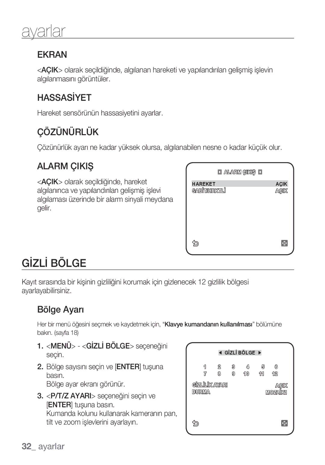 Samsung SCC-C6453P manual Gİzlİ Bölge, Ekran, Hassasİyet, Çözünürlük, Alarm Çikiş 