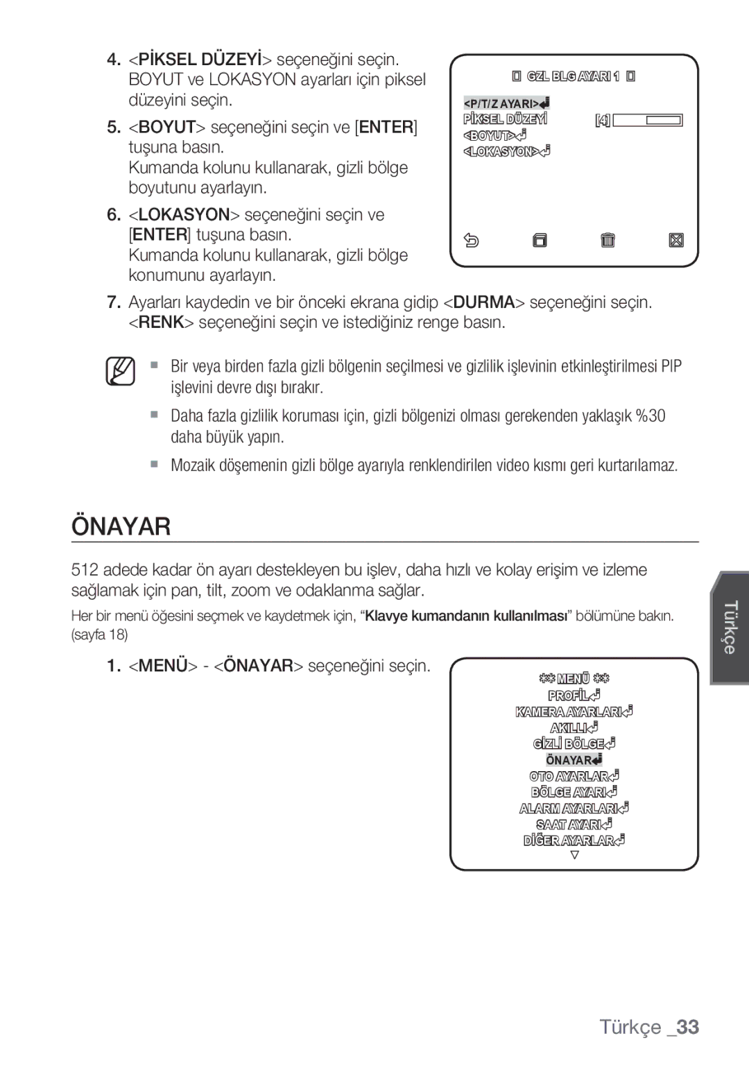 Samsung SCC-C6453P manual Menü Önayar seçeneğini seçin 