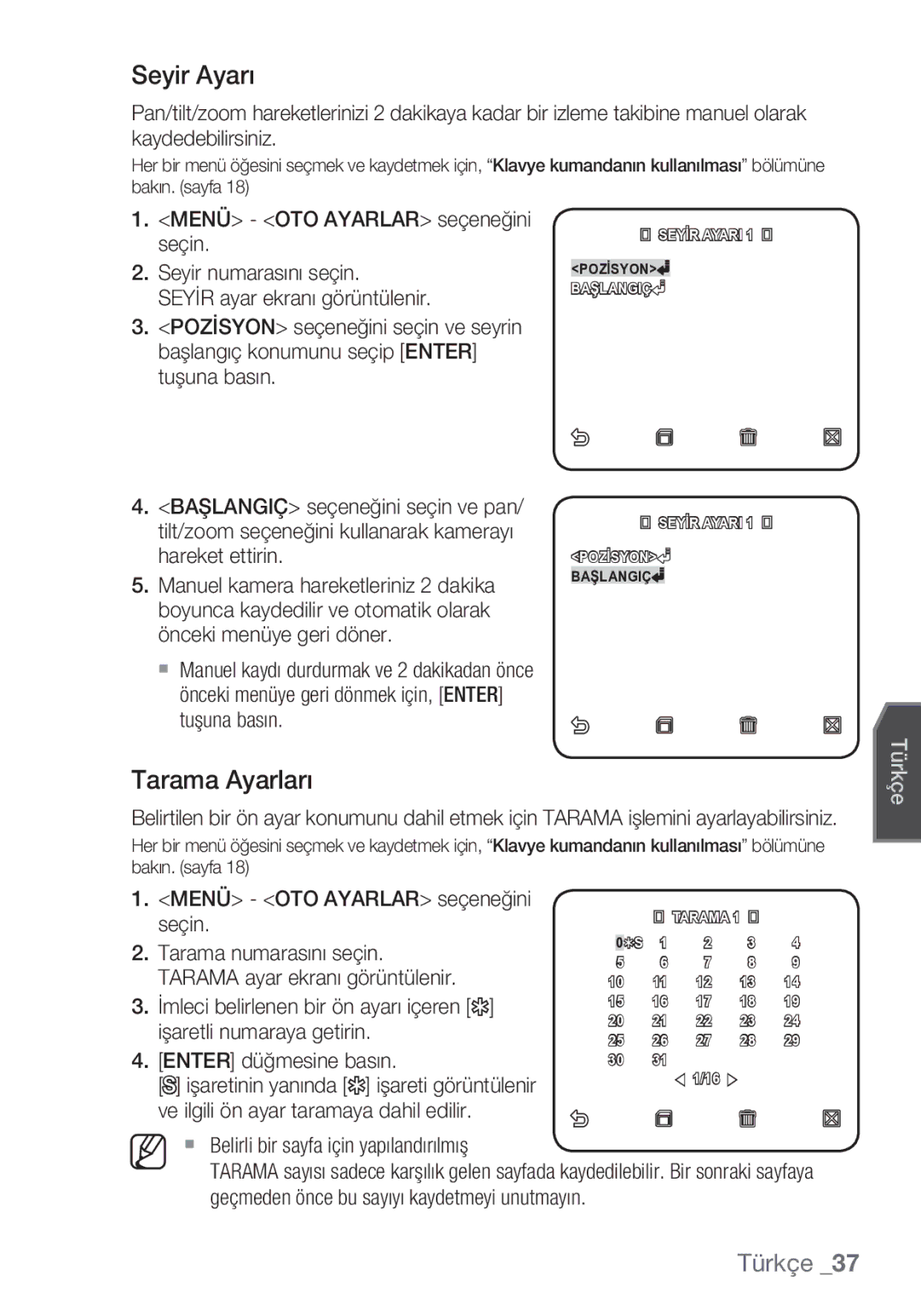 Samsung SCC-C6453P manual Seyir Ayarı, Tarama Ayarları 