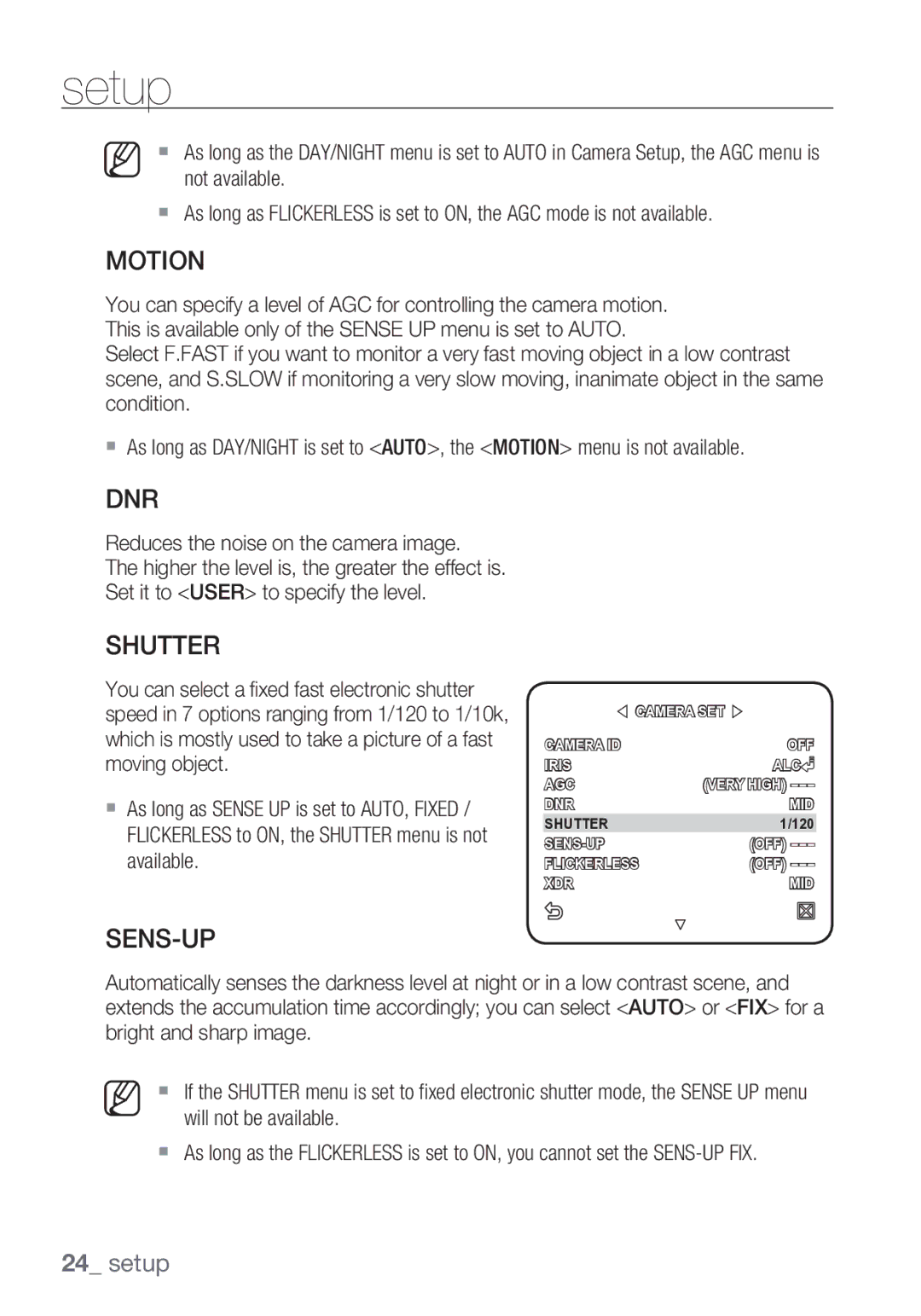 Samsung SCC-C6453P manual Motion, Dnr, Shutter, Sens-Up 