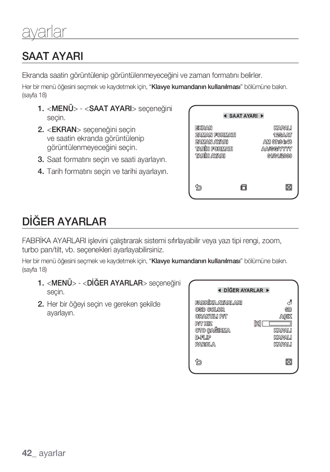 Samsung SCC-C6453P manual Dİğer Ayarlar, Menü Saat Ayari seçeneğini seçin 