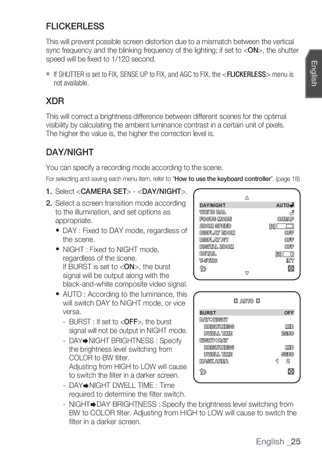 Samsung SCC-C6453P manual Flickerless, Xdr, Day/Night, You can specify a recording mode according to the scene 