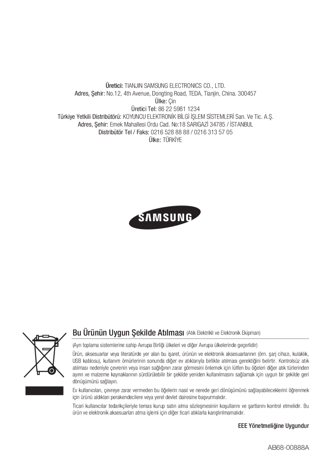 Samsung SCC-C6453P manual EEE Yönetmeliğine Uygundur AB68-00888A 