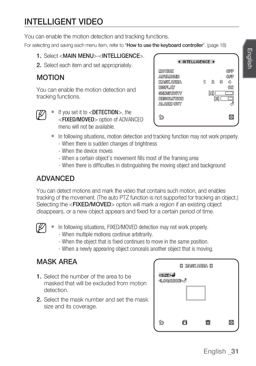 Samsung SCC-C6453P Intelligent Video, Advanced, Mask Area, You can enable the motion detection and tracking functions 