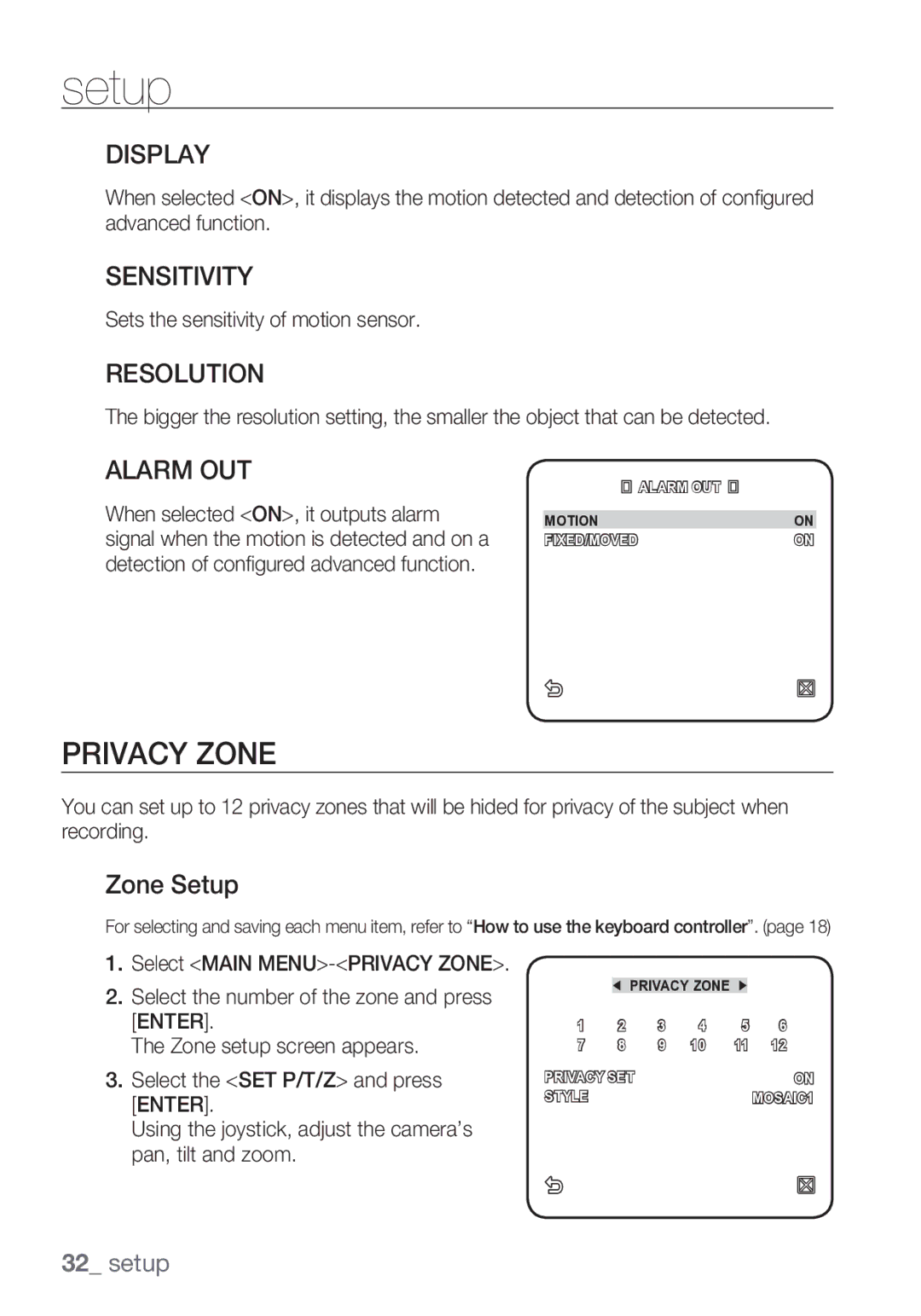 Samsung SCC-C6453P manual Privacy Zone, Display, Sensitivity, Resolution, Alarm OUT 