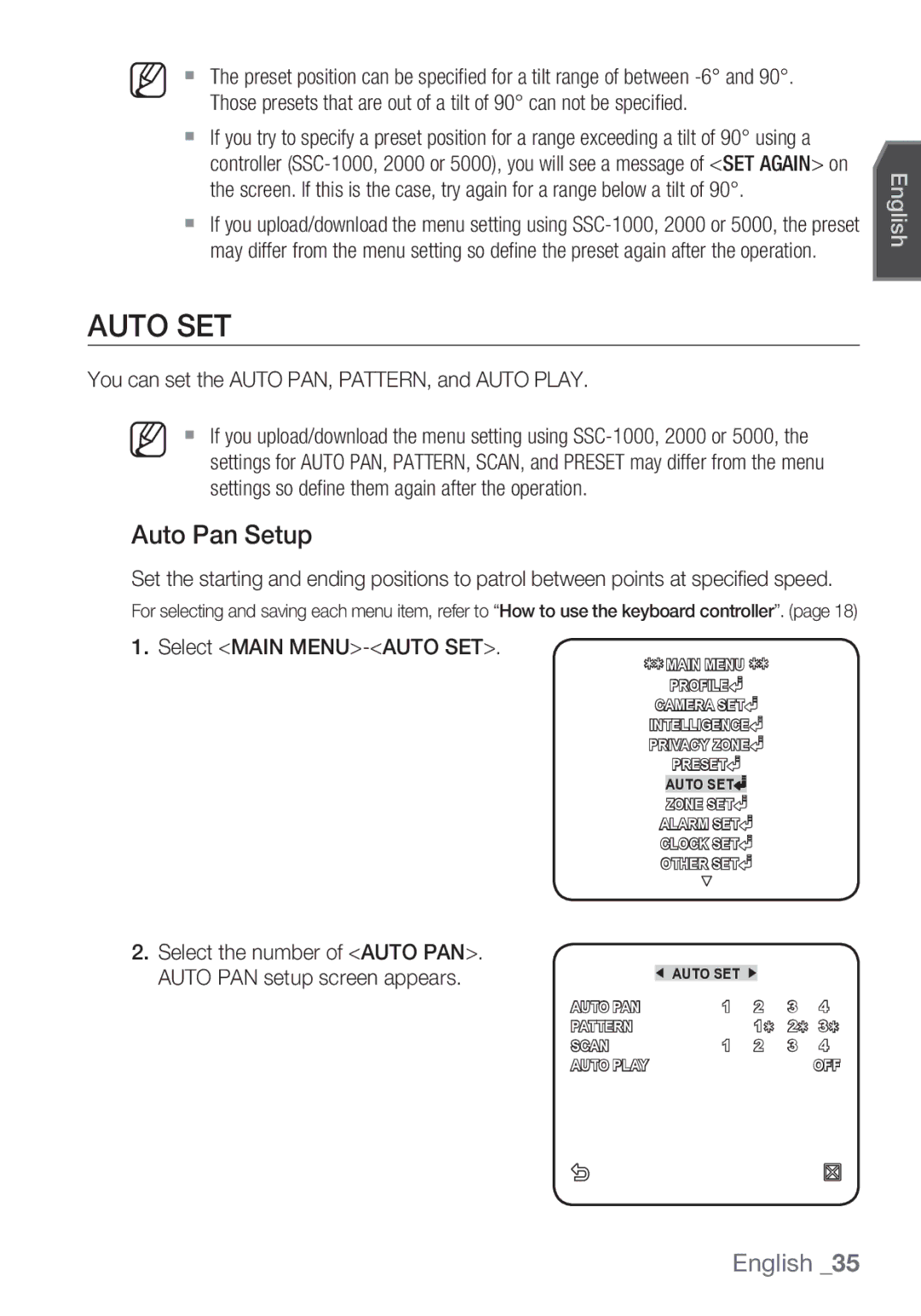 Samsung SCC-C6453P Auto SET, Auto Pan Setup, You can set the Auto PAN, PATTERN, and Auto Play, Select Main MENU-AUTO SET 