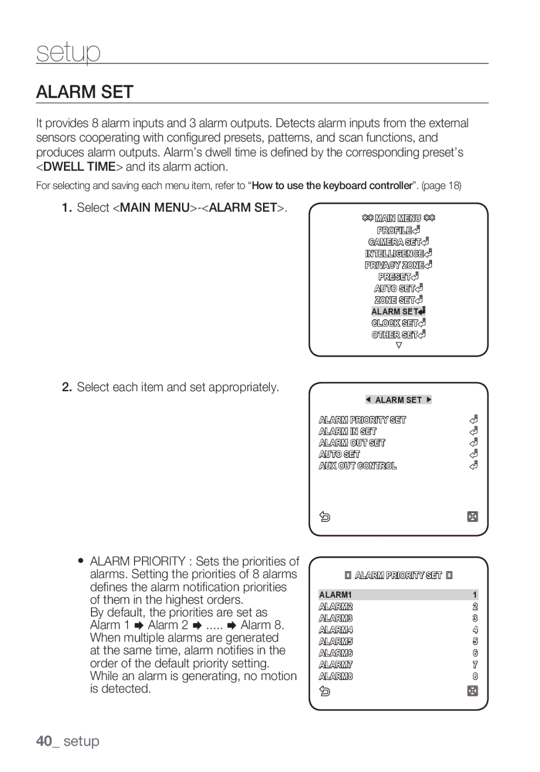 Samsung SCC-C6453P manual Alarm SET, Select Main MENU-ALARM SET 