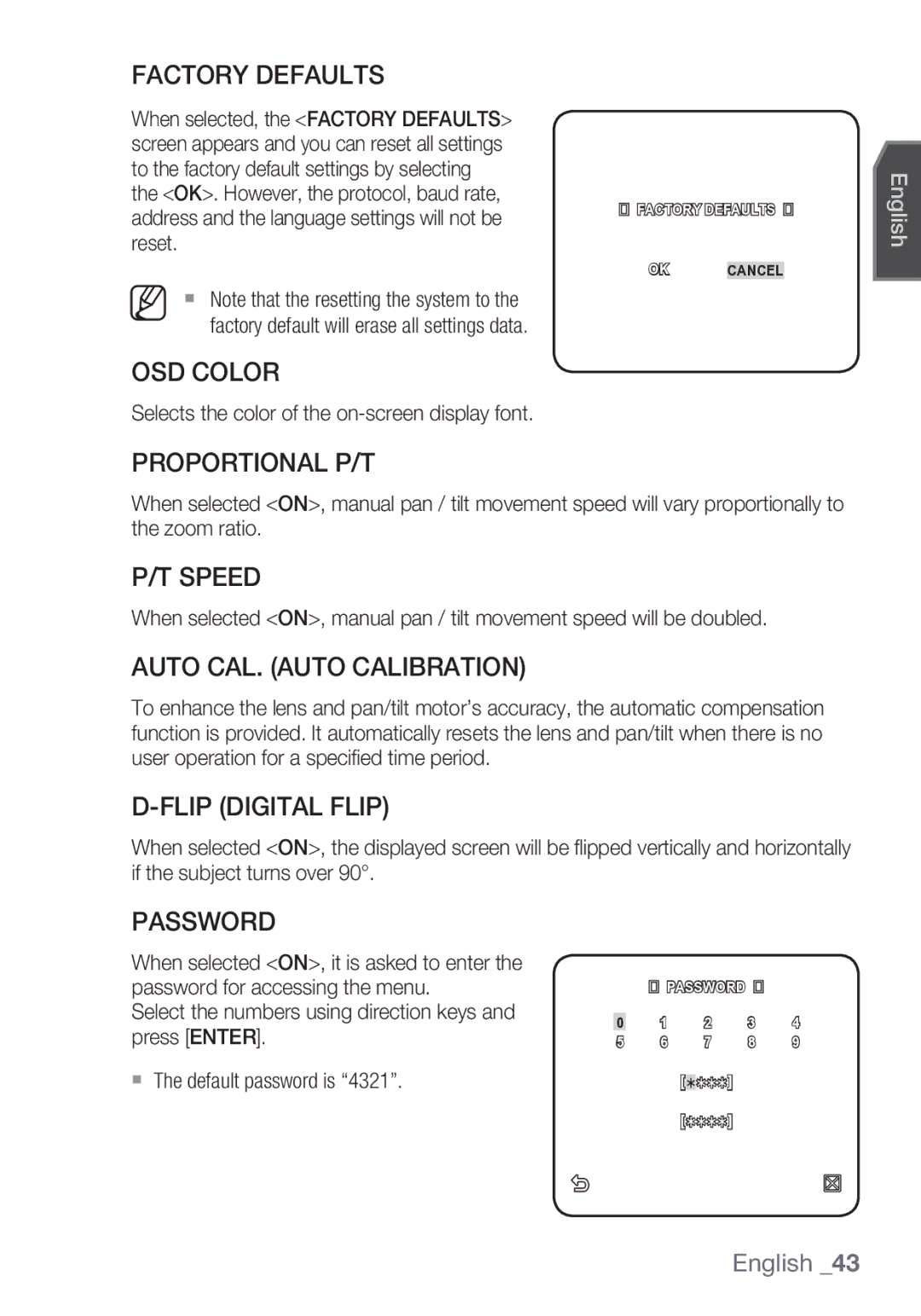 Samsung SCC-C6453P Factory Defaults, OSD Color, Proportional P/T, Speed, Auto CAL. Auto Calibration, Flip Digital Flip 