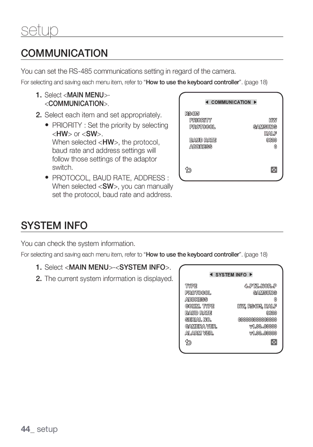 Samsung SCC-C6453P manual Communication, System Info 