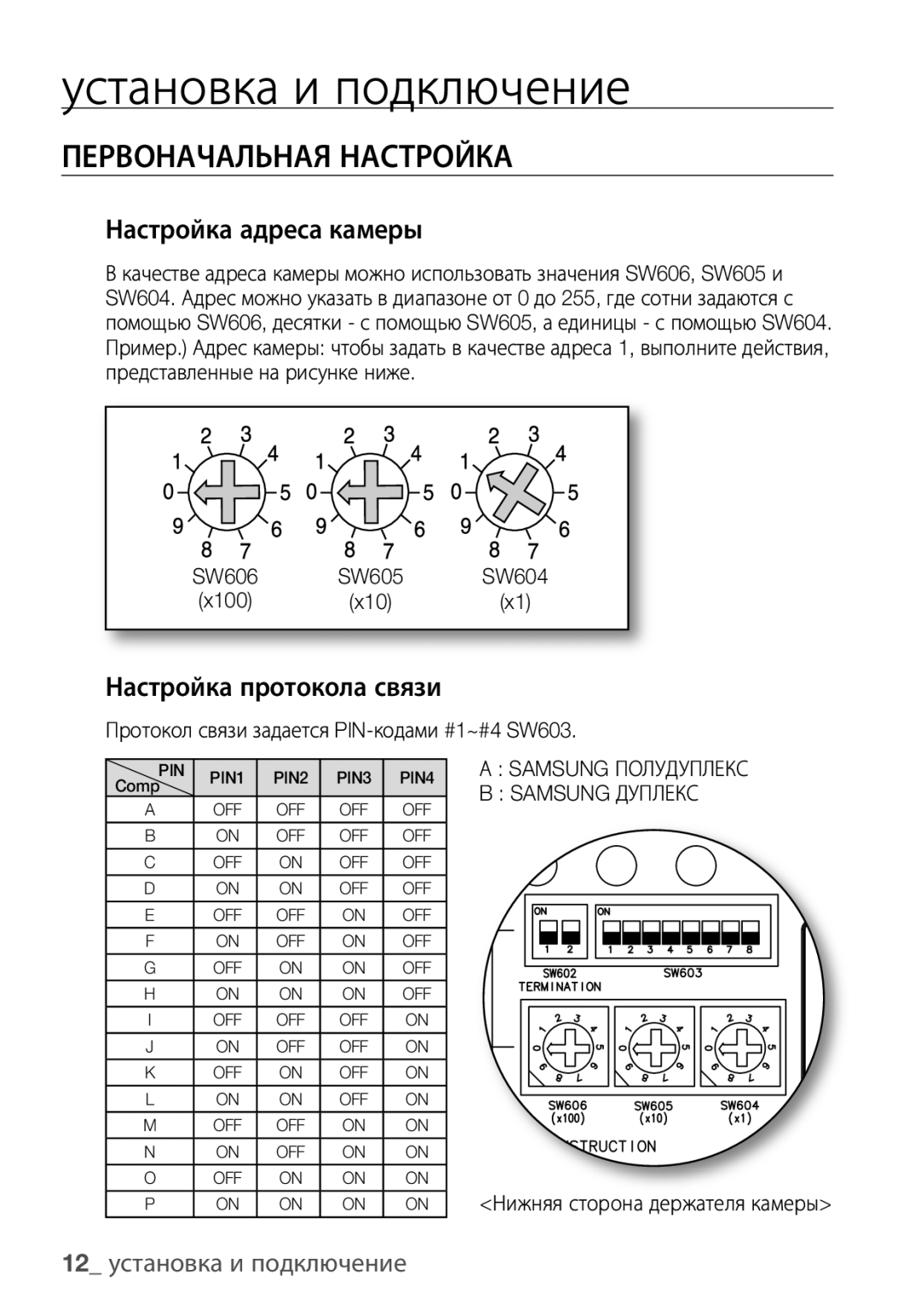 Samsung SCC-C6453P manual Первоначальная Настройка, Настройка адреса камеры, Настройка протокола связи 