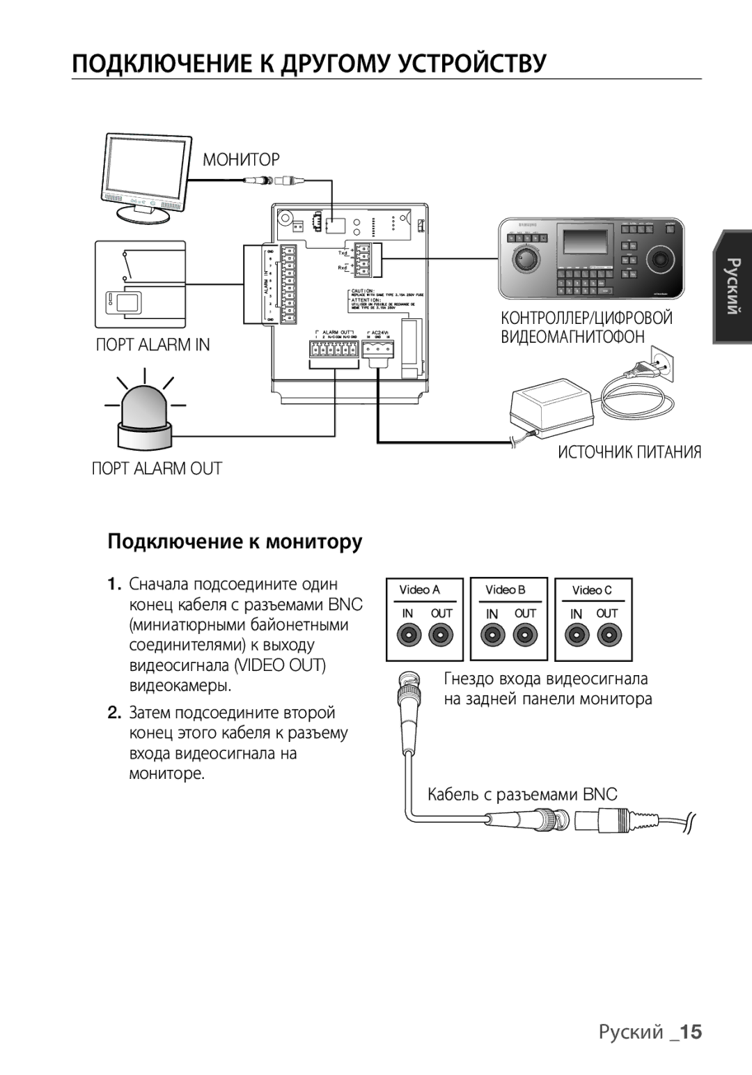 Samsung SCC-C6453P manual Подключение К Другому Устройству, Подключение к монитору, Монитор Порт Alarm Порт Alarm OUT 