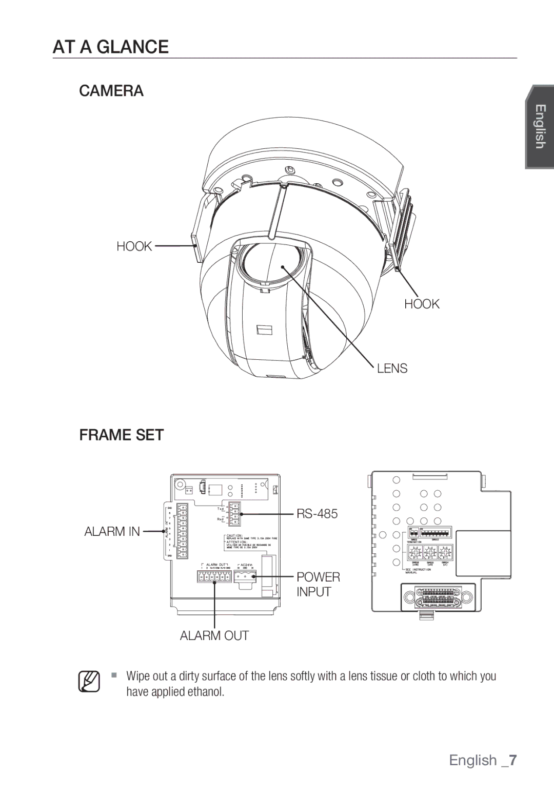 Samsung SCC-C6453P manual AT a Glance, Camera, Frame SET, Hook Lens, Alarm Power Input Alarm OUT 