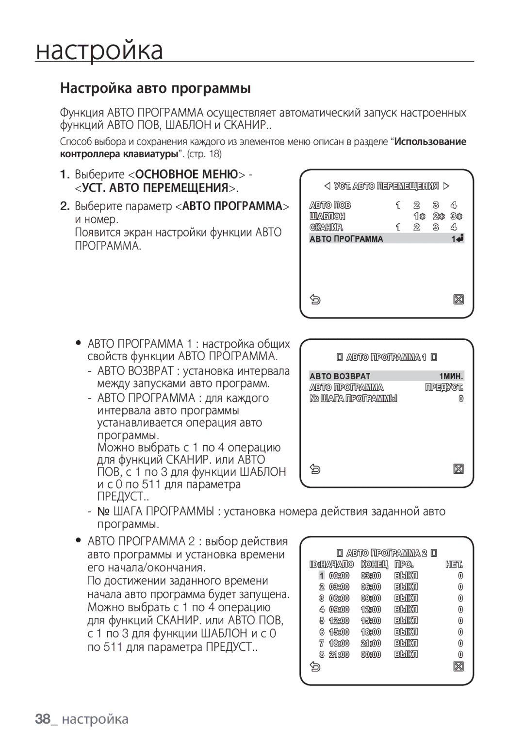 Samsung SCC-C6453P manual Настройка авто программы, 38 настройка, Между запусками авто программ, Авто Программа для каждого 