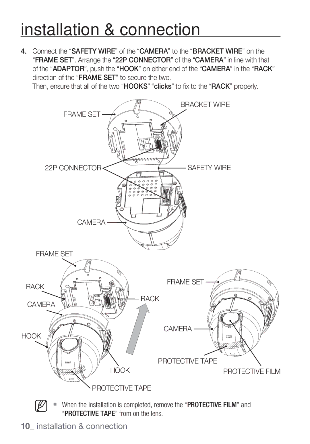 Samsung SCC-C6453P manual Bracket Wire Frame SET 22P Connector, Camera Frame SET Rack Hook Protective Tape 