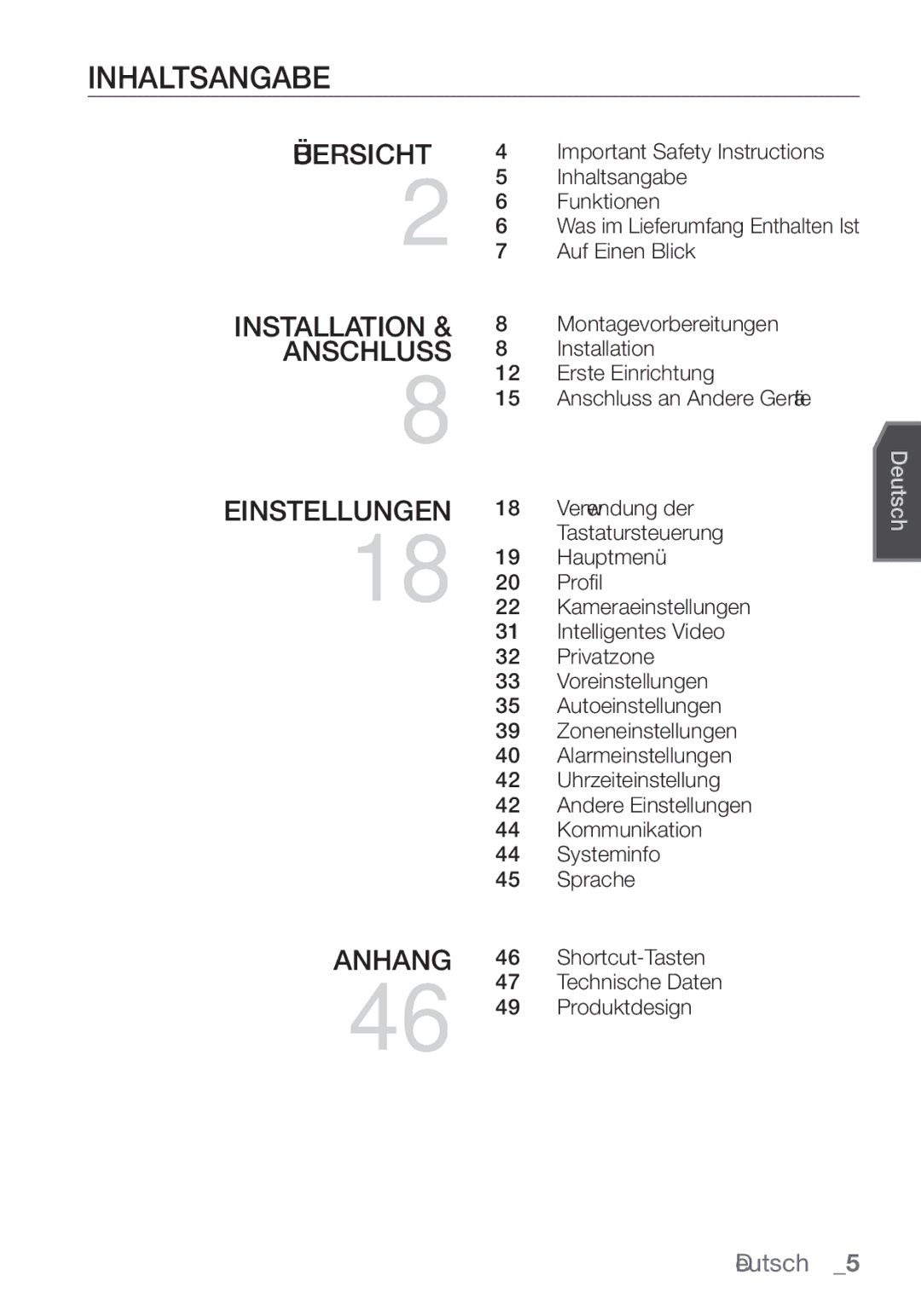 Samsung SCC-C6453P manual Inhaltsangabe, Einstellungen 