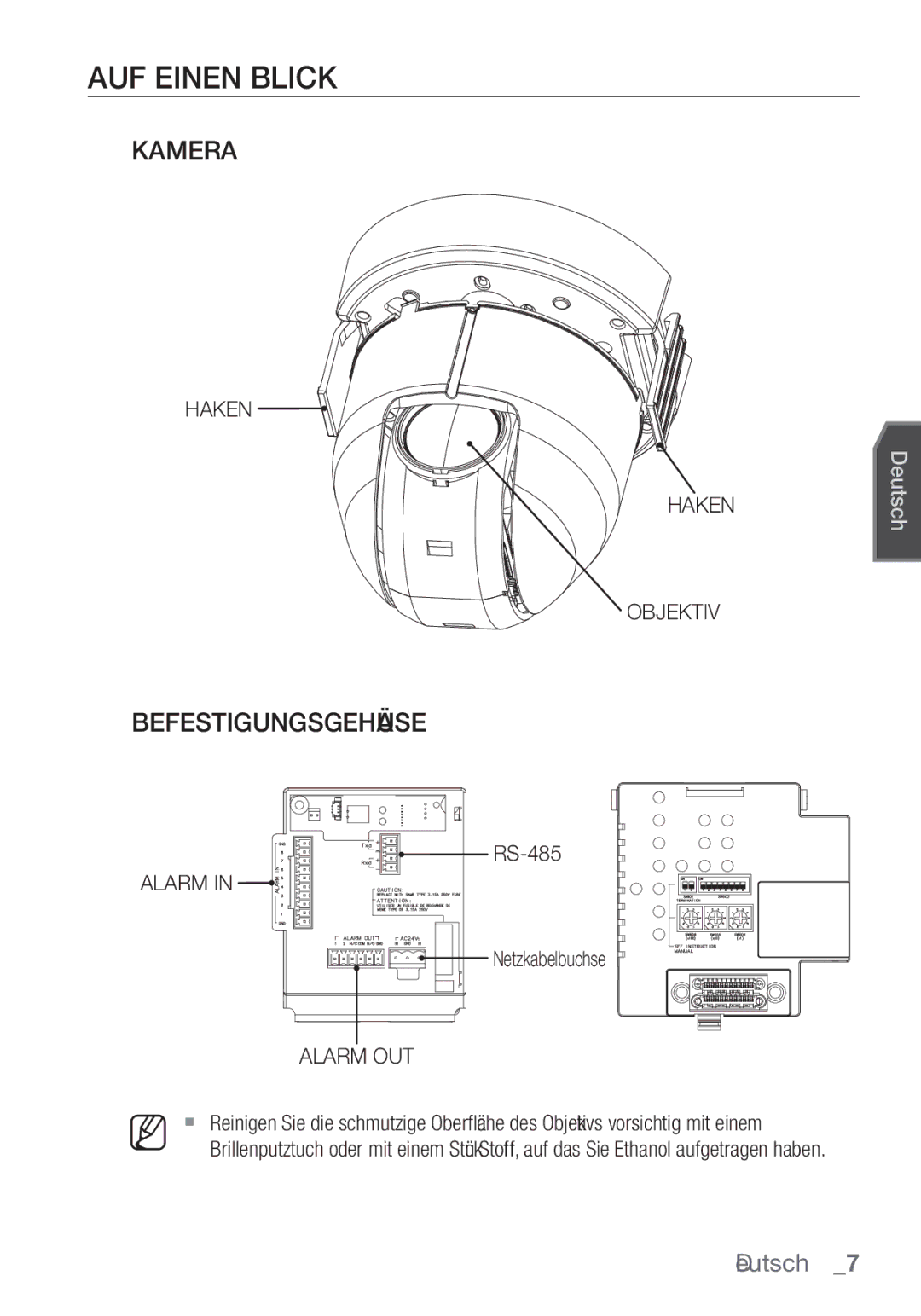 Samsung SCC-C6453P manual AUF Einen Blick, Kamera, Befestigungsgehäuse, Haken Objektiv, Netzkabelbuchse 