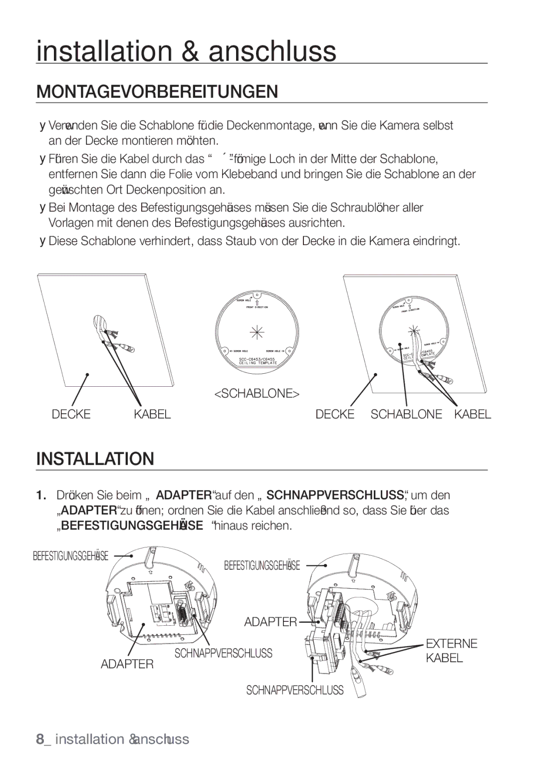 Samsung SCC-C6453P manual Installation & anschluss, Montagevorbereitungen, Schablone Decke Kabel Decke Schablone Kabel 