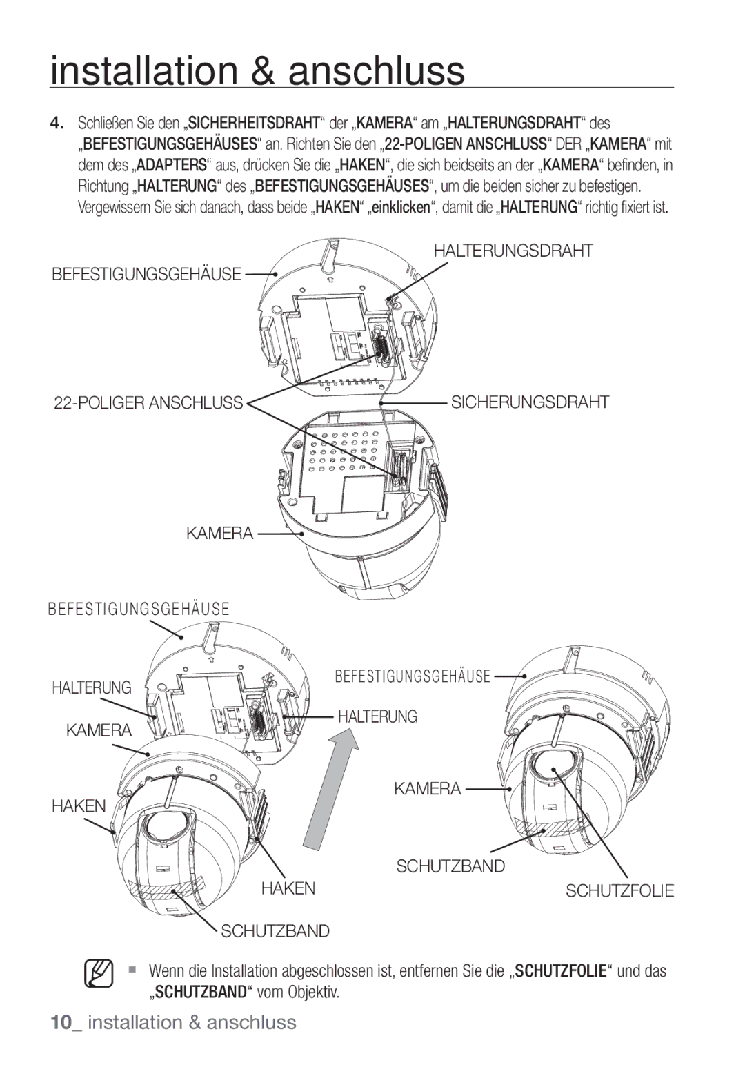 Samsung SCC-C6453P manual Halterungsdraht Befestigungsgehäuse Poliger Anschluss 