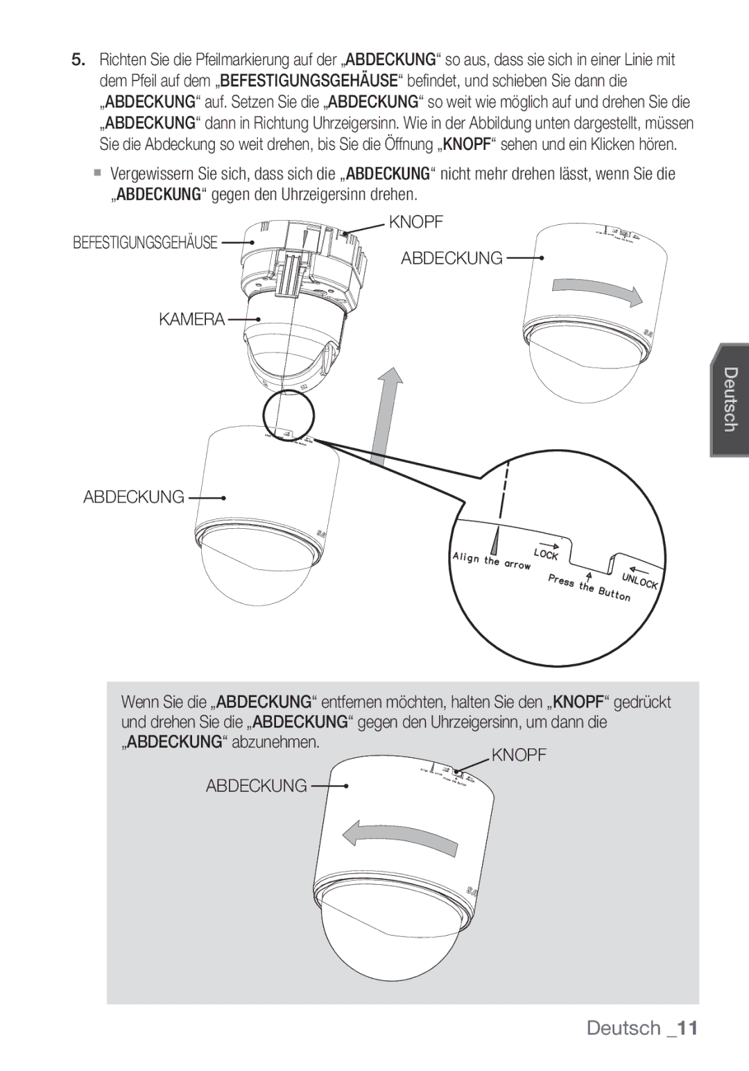 Samsung SCC-C6453P manual Knopf Befestigungsgehäuse Abdeckung Kamera, „ABDECKUNG abzunehmen, Knopf Abdeckung 