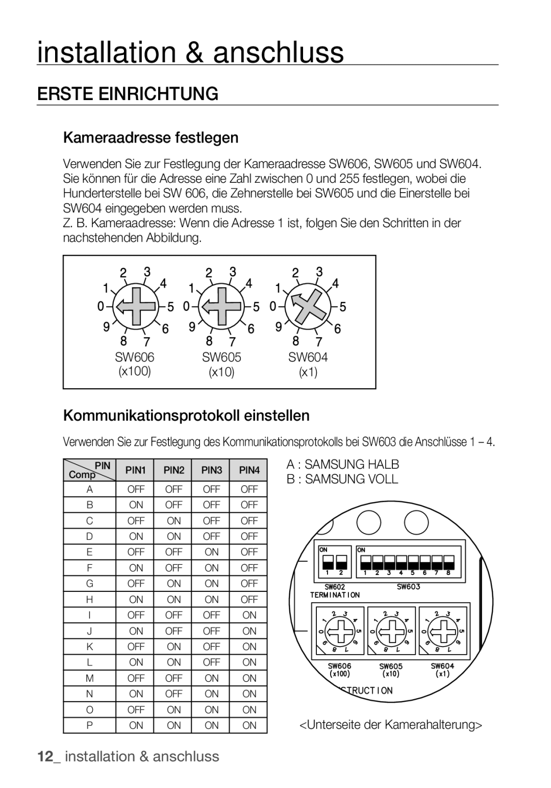 Samsung SCC-C6453P manual Erste Einrichtung, Kameraadresse festlegen, Kommunikationsprotokoll einstellen 