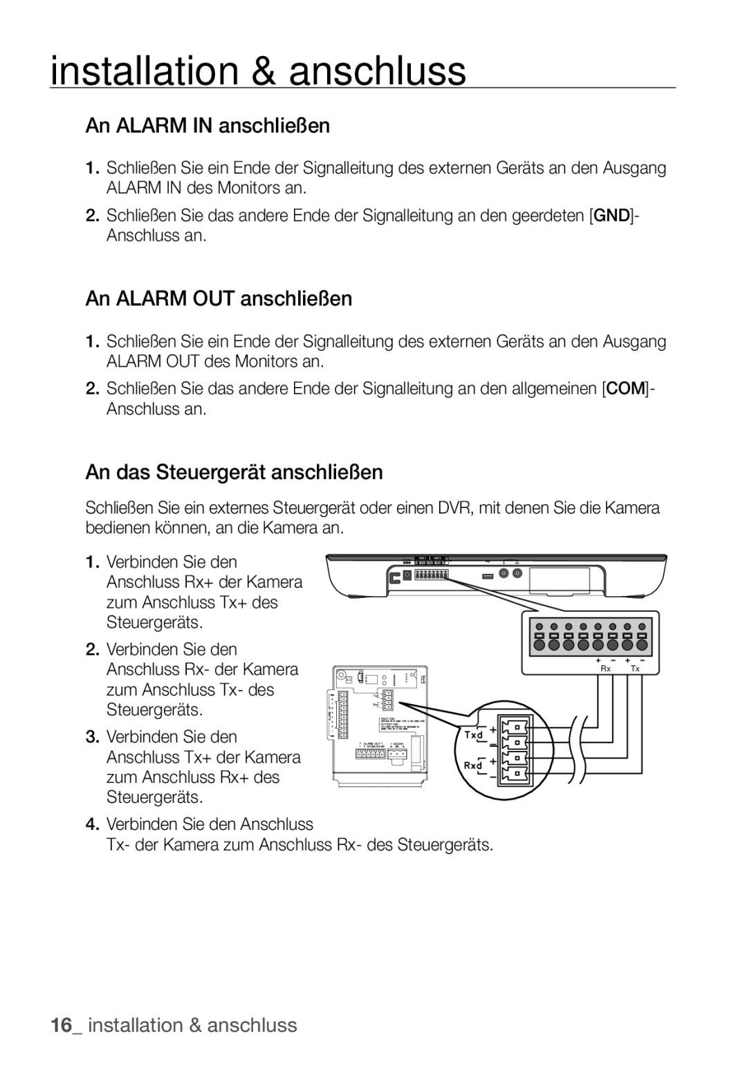 Samsung SCC-C6453P manual An Alarm in anschließen, An Alarm OUT anschließen, An das Steuergerät anschließen 