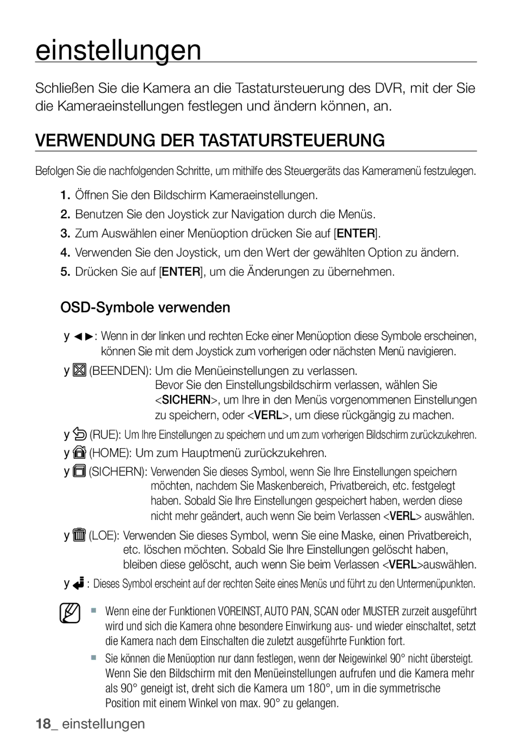 Samsung SCC-C6453P manual Einstellungen, Verwendung DER Tastatursteuerung, OSD-Symbole verwenden 