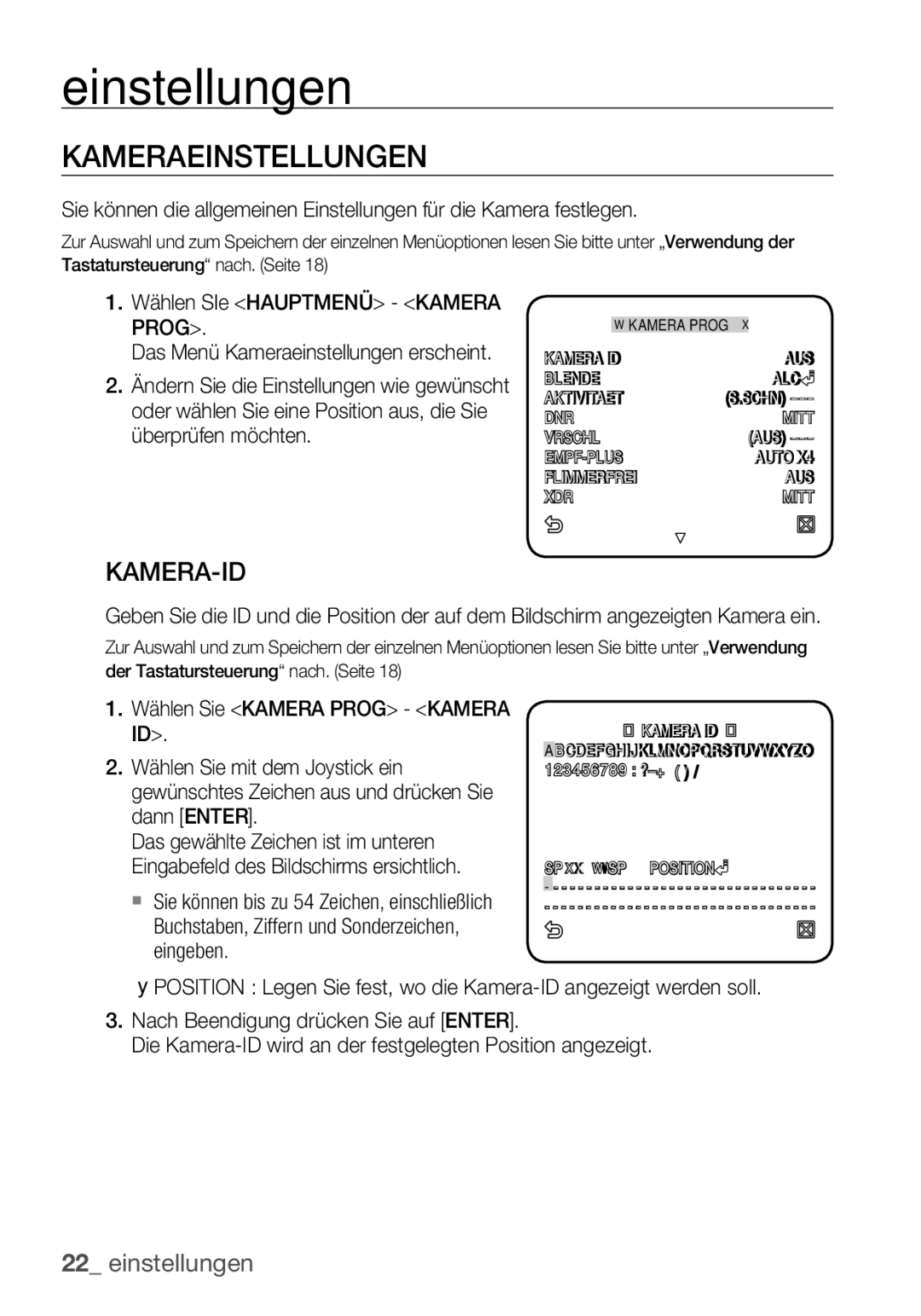 Samsung SCC-C6453P manual Kameraeinstellungen, Kamera-Id 