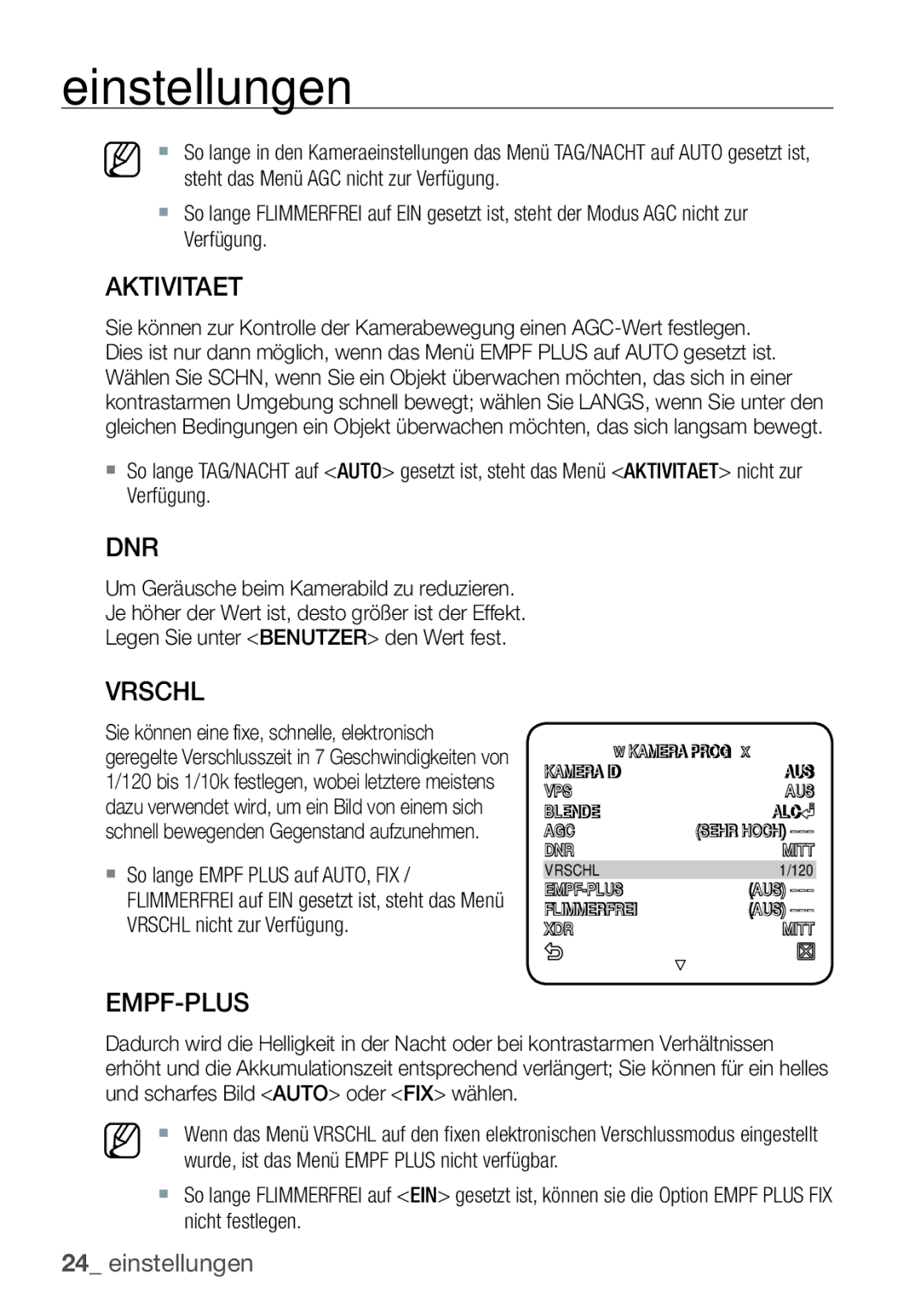 Samsung SCC-C6453P manual Aktivitaet, Vrschl, Empf-Plus 