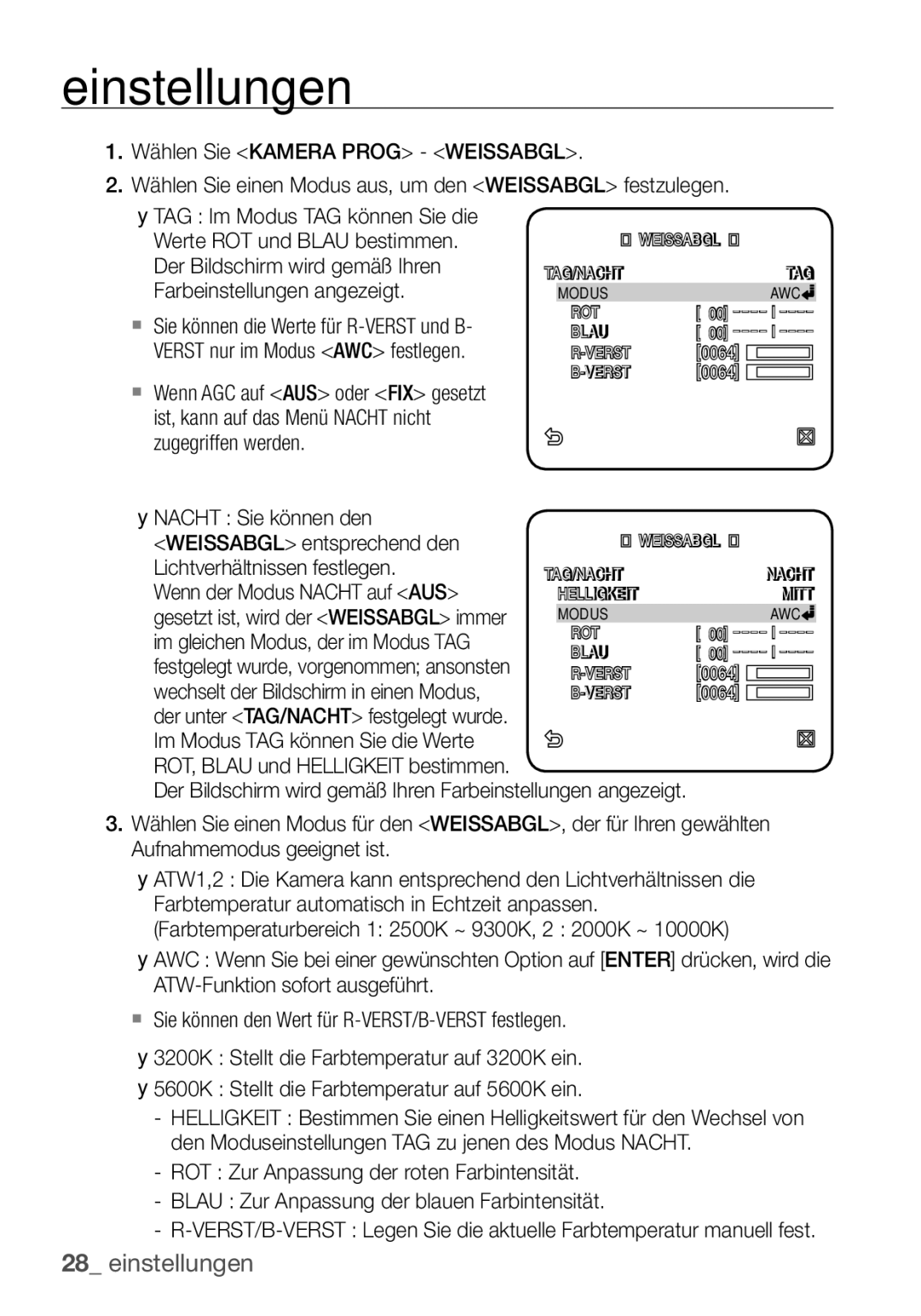 Samsung SCC-C6453P manual Nacht Sie können den Weissabgl entsprechend den, Lichtverhältnissen festlegen 