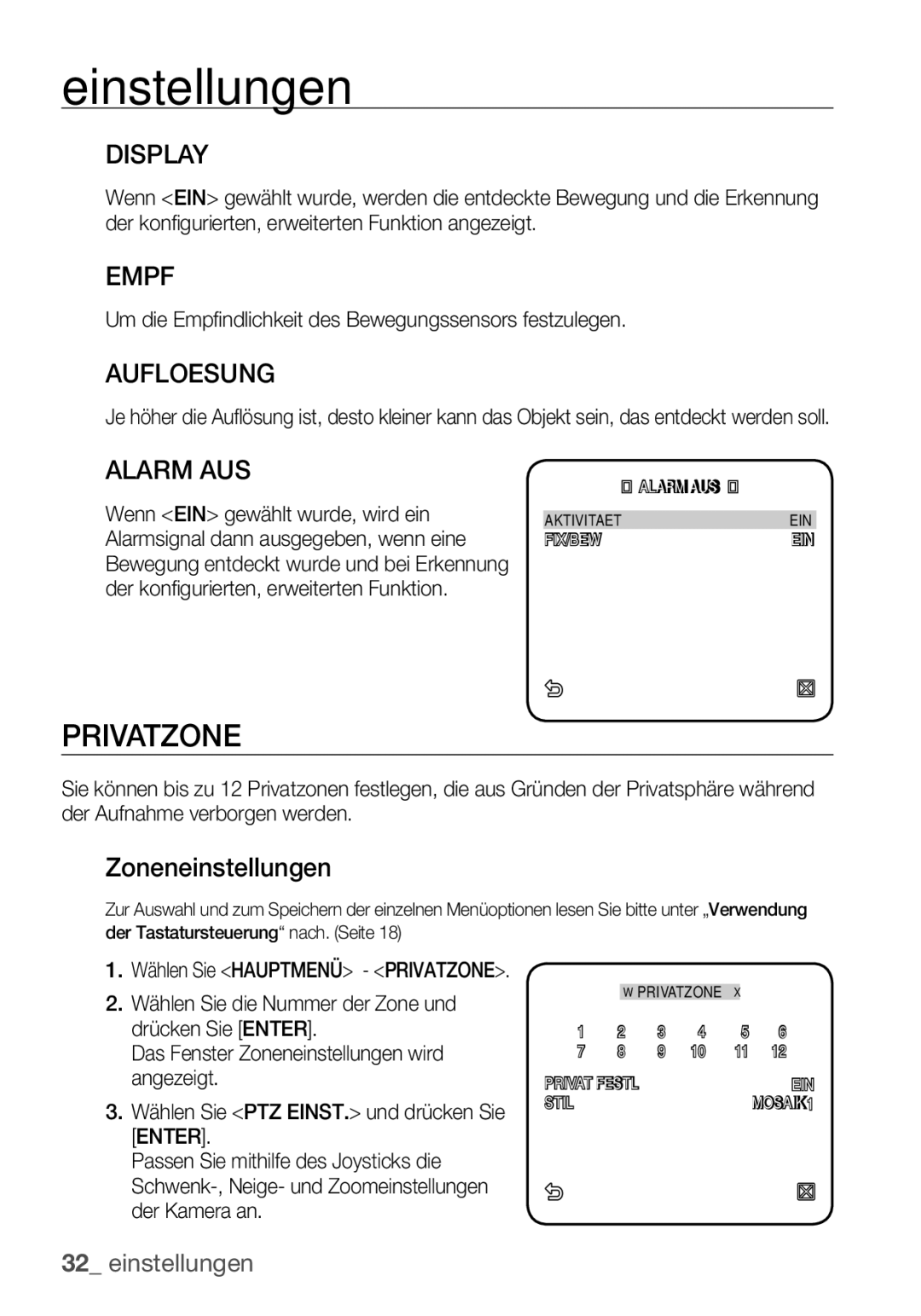 Samsung SCC-C6453P manual Privatzone, Empf, Aufloesung, Alarm AUS, Zoneneinstellungen 