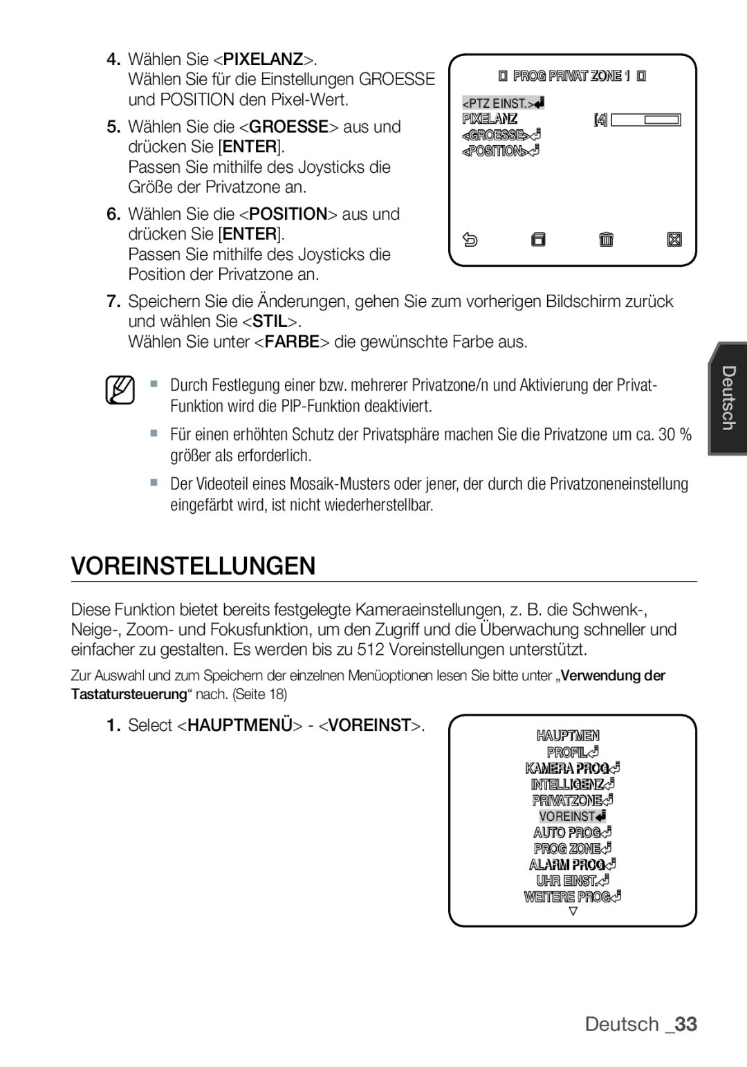 Samsung SCC-C6453P manual Voreinstellungen, Wählen Sie Pixelanz, Wählen Sie die Groesse aus und drücken Sie Enter 