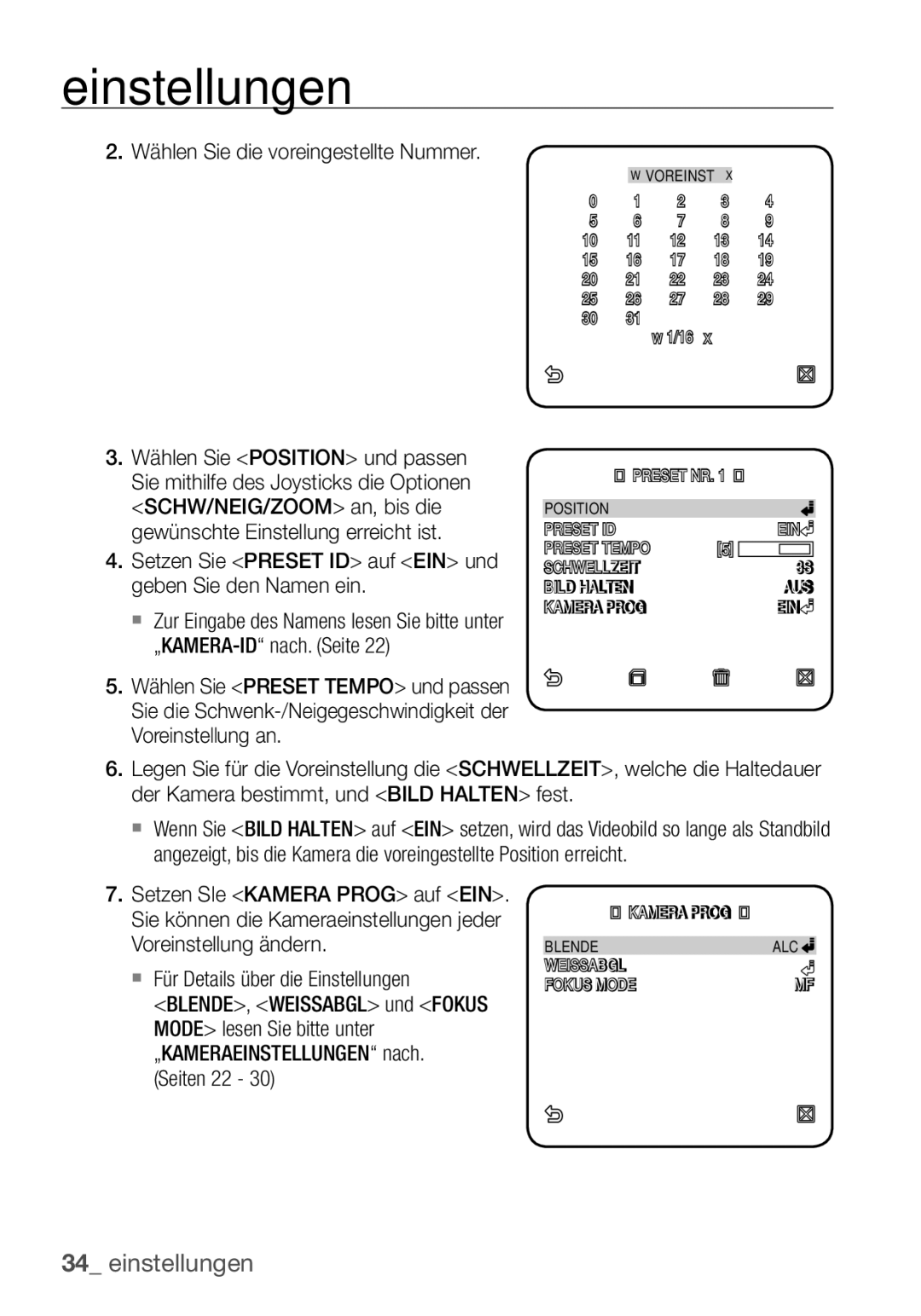 Samsung SCC-C6453P manual Wählen Sie die voreingestellte Nummer, Setzen Sie Preset ID auf EIN und geben Sie den Namen ein 