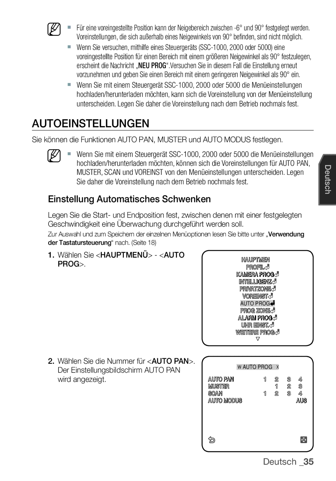 Samsung SCC-C6453P manual Autoeinstellungen, Einstellung Automatisches Schwenken, Wählen Sie Hauptmenü Auto Prog 