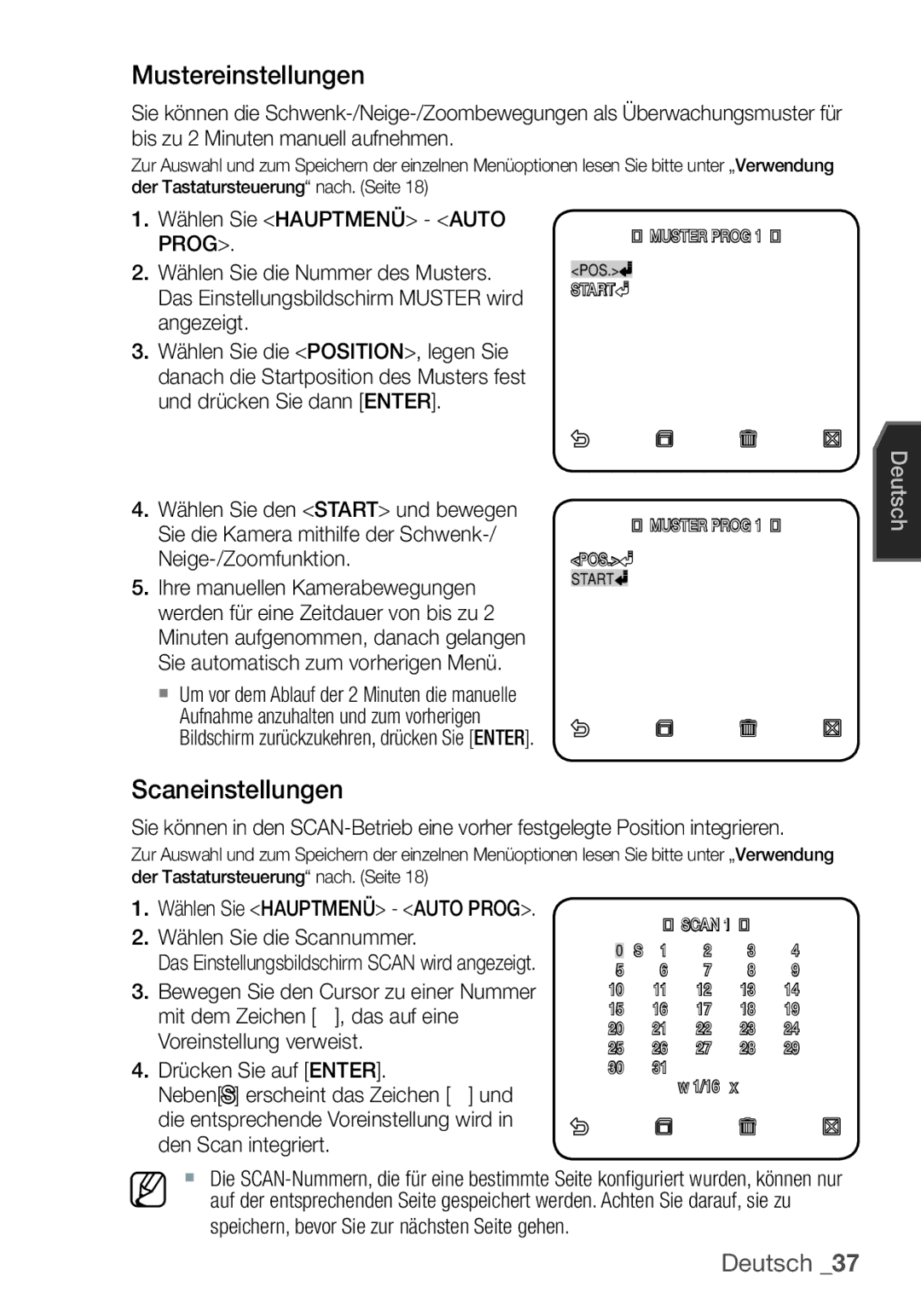 Samsung SCC-C6453P manual Mustereinstellungen, Scaneinstellungen, Wählen Sie Hauptmenü Auto Prog Wählen Sie die Scannummer 