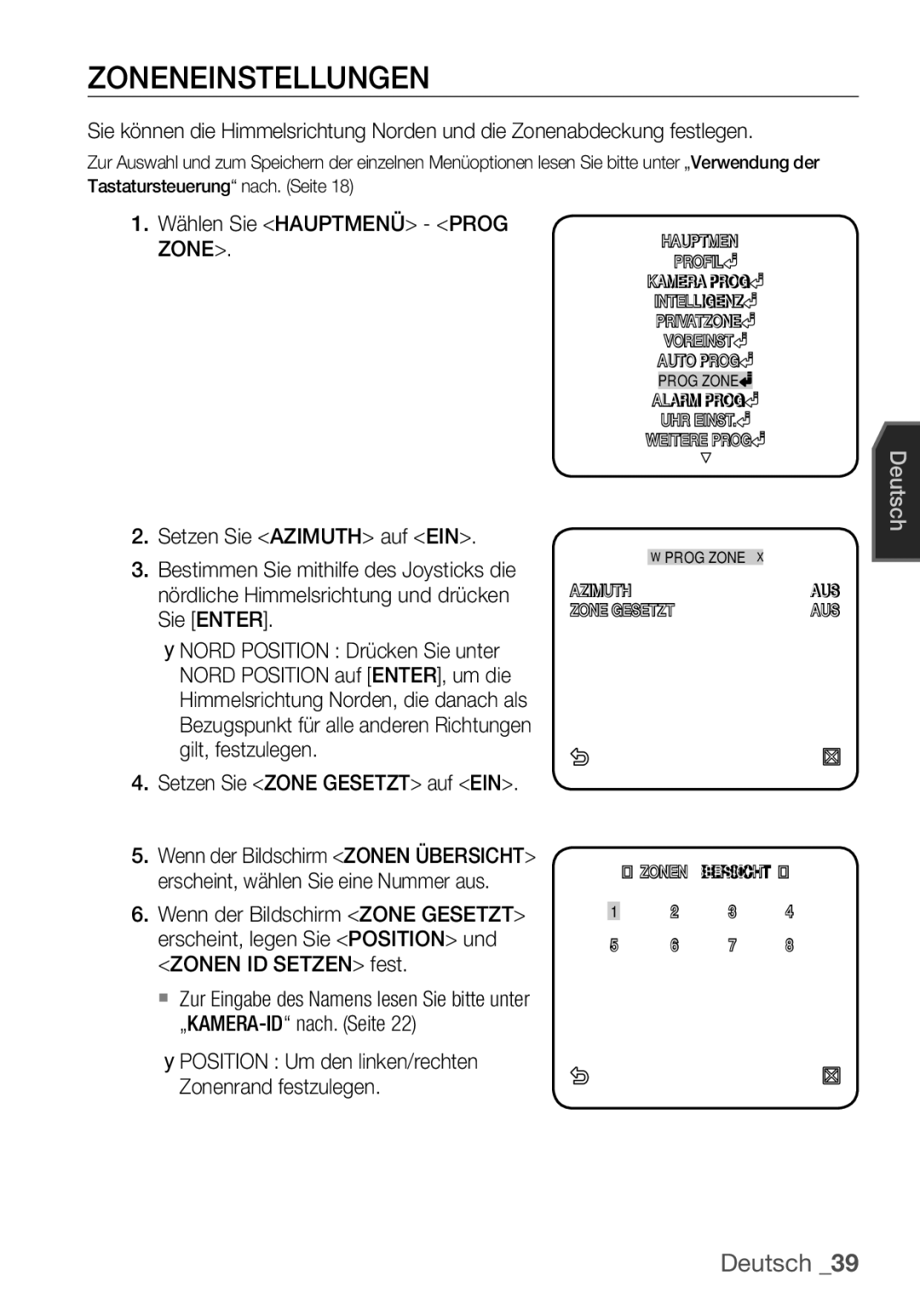 Samsung SCC-C6453P manual Zoneneinstellungen, Wählen Sie Hauptmenü Prog, Setzen Sie Azimuth auf EIN 