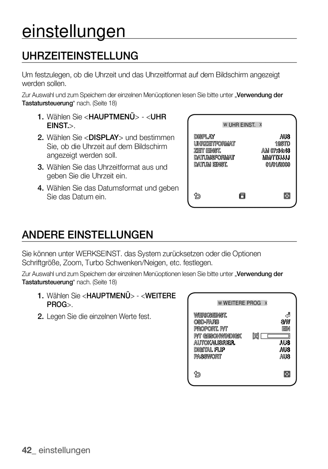 Samsung SCC-C6453P manual Uhrzeiteinstellung, Andere Einstellungen, Wählen Sie Hauptmenü UHR Einst 