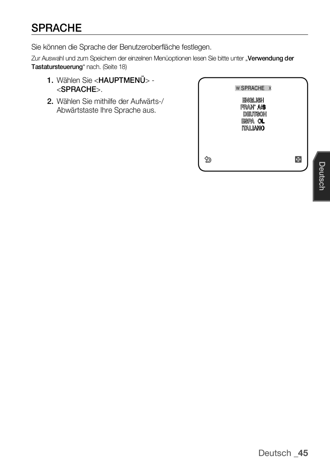 Samsung SCC-C6453P manual Sie können die Sprache der Benutzeroberfläche festlegen, Wählen Sie Hauptmenü Sprache 