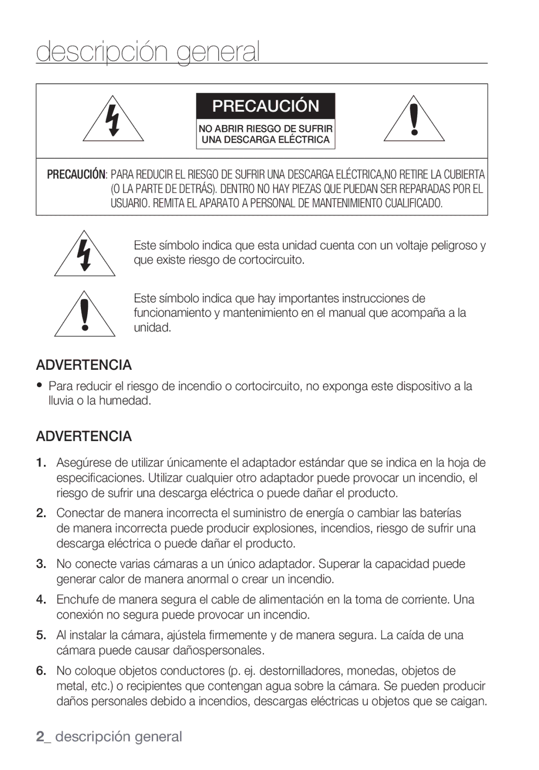 Samsung SCC-C6453P manual Descripción general, Advertencia 