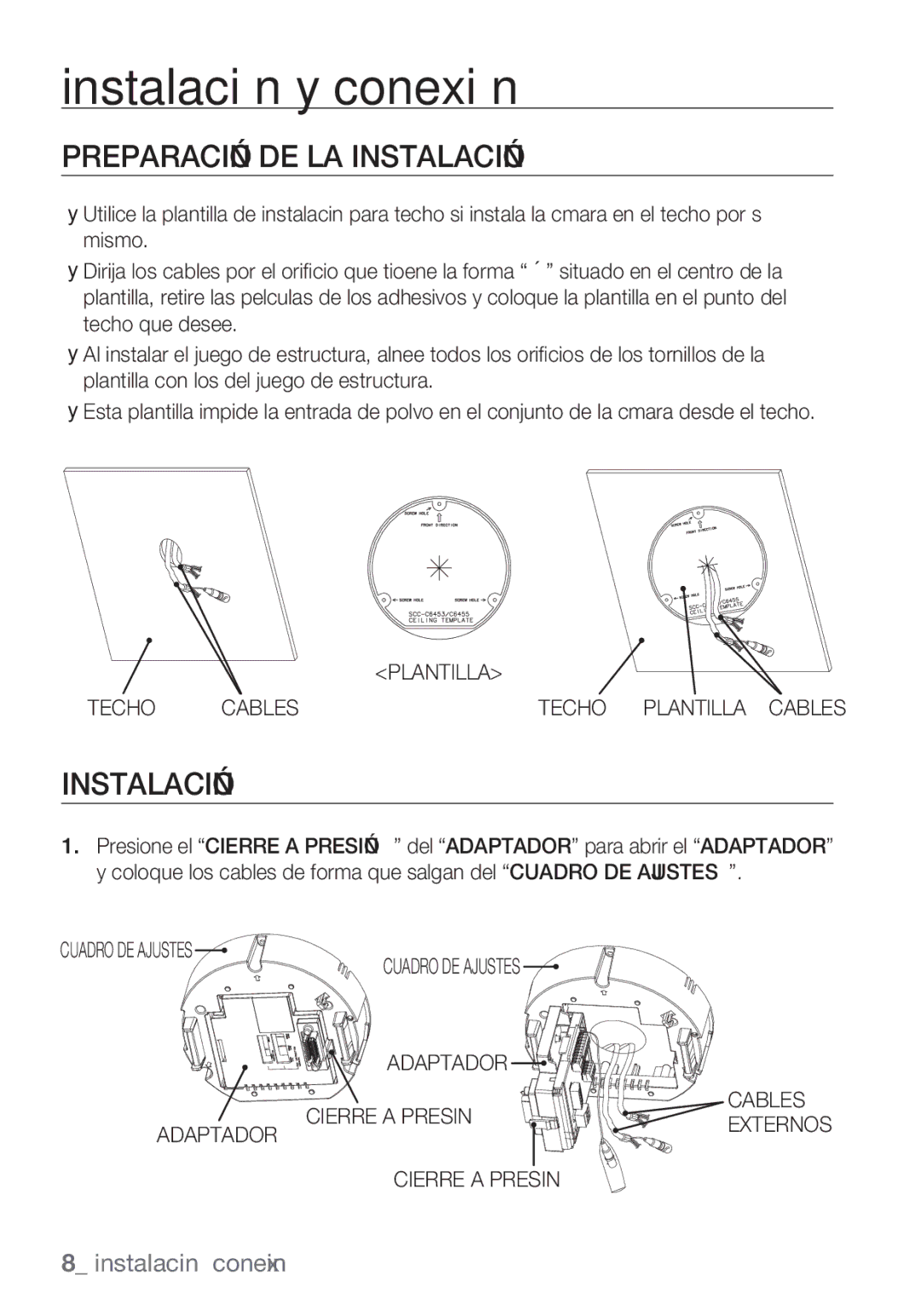 Samsung SCC-C6453P Instalación y conexión, Preparación DE LA Instalación, Plantilla Techo Cables Techo Plantilla Cables 