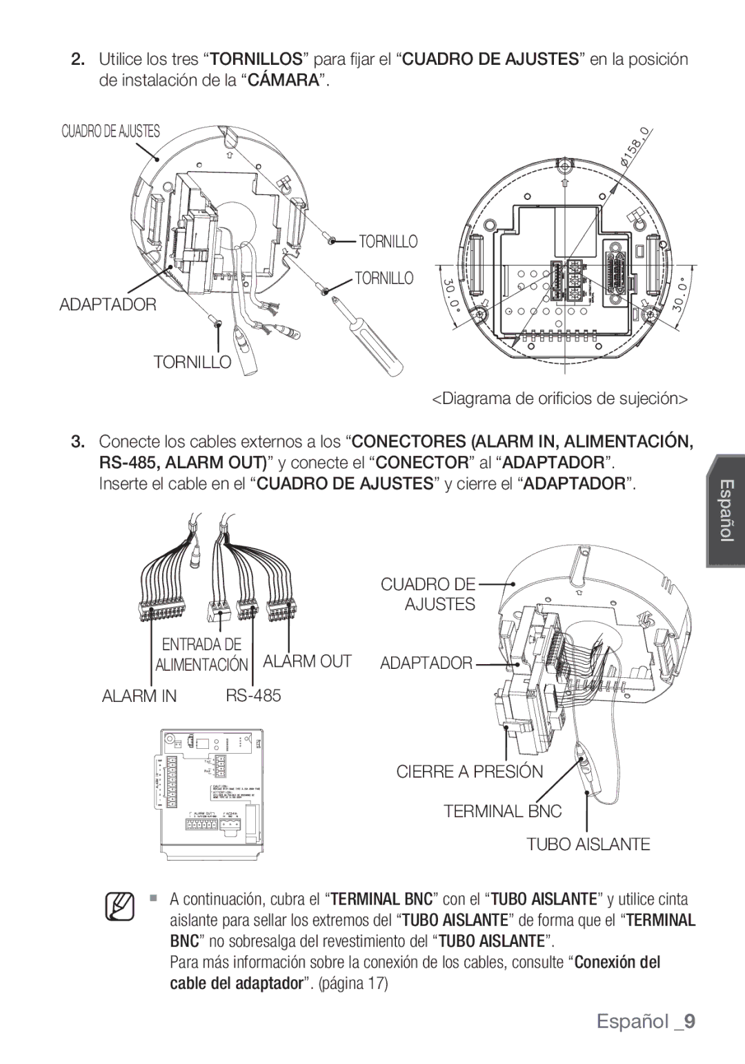 Samsung SCC-C6453P manual Cuadro DE Ajustes Tornillo Adaptador, Diagrama de oriﬁ cios de sujeción 