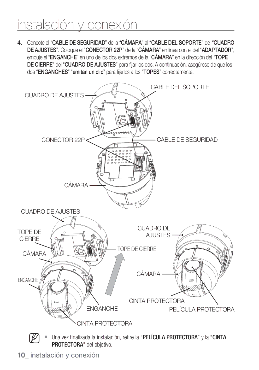 Samsung SCC-C6453P manual Cable DEL Soporte Cuadro DE Ajustes Conector 22P, Cámara Cuadro DE Ajustes Tope DE Cierre 