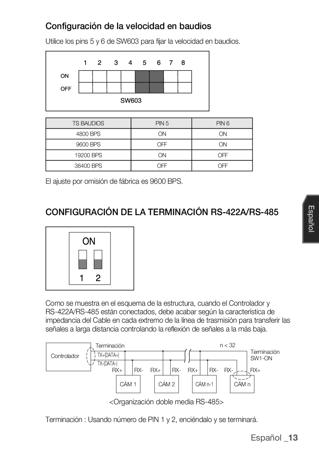 Samsung SCC-C6453P manual Configuración de la velocidad en baudios, Configuración DE LA Terminación RS-422A/RS-485 