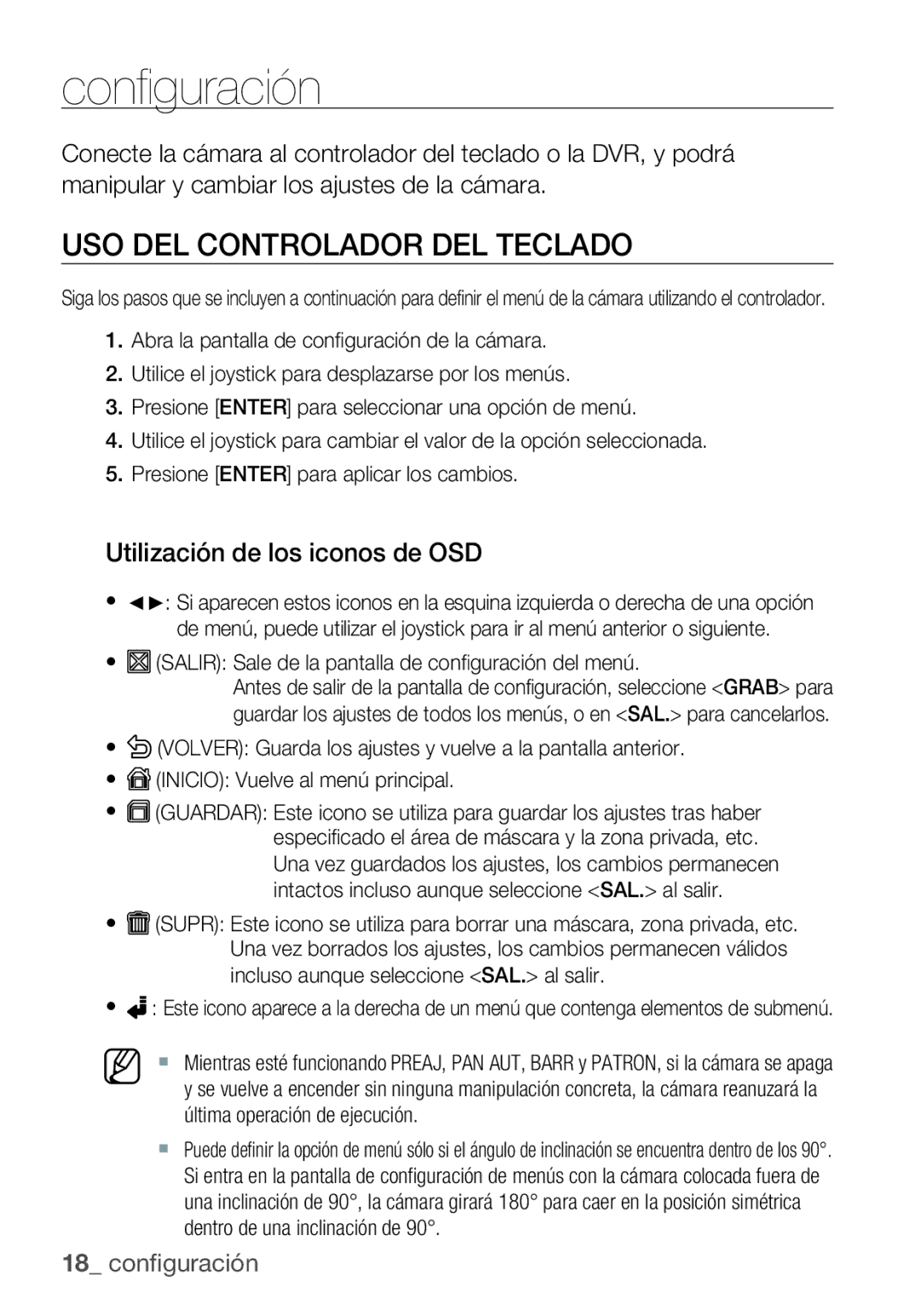 Samsung SCC-C6453P manual Configuración, USO DEL Controlador DEL Teclado, Utilización de los iconos de OSD 