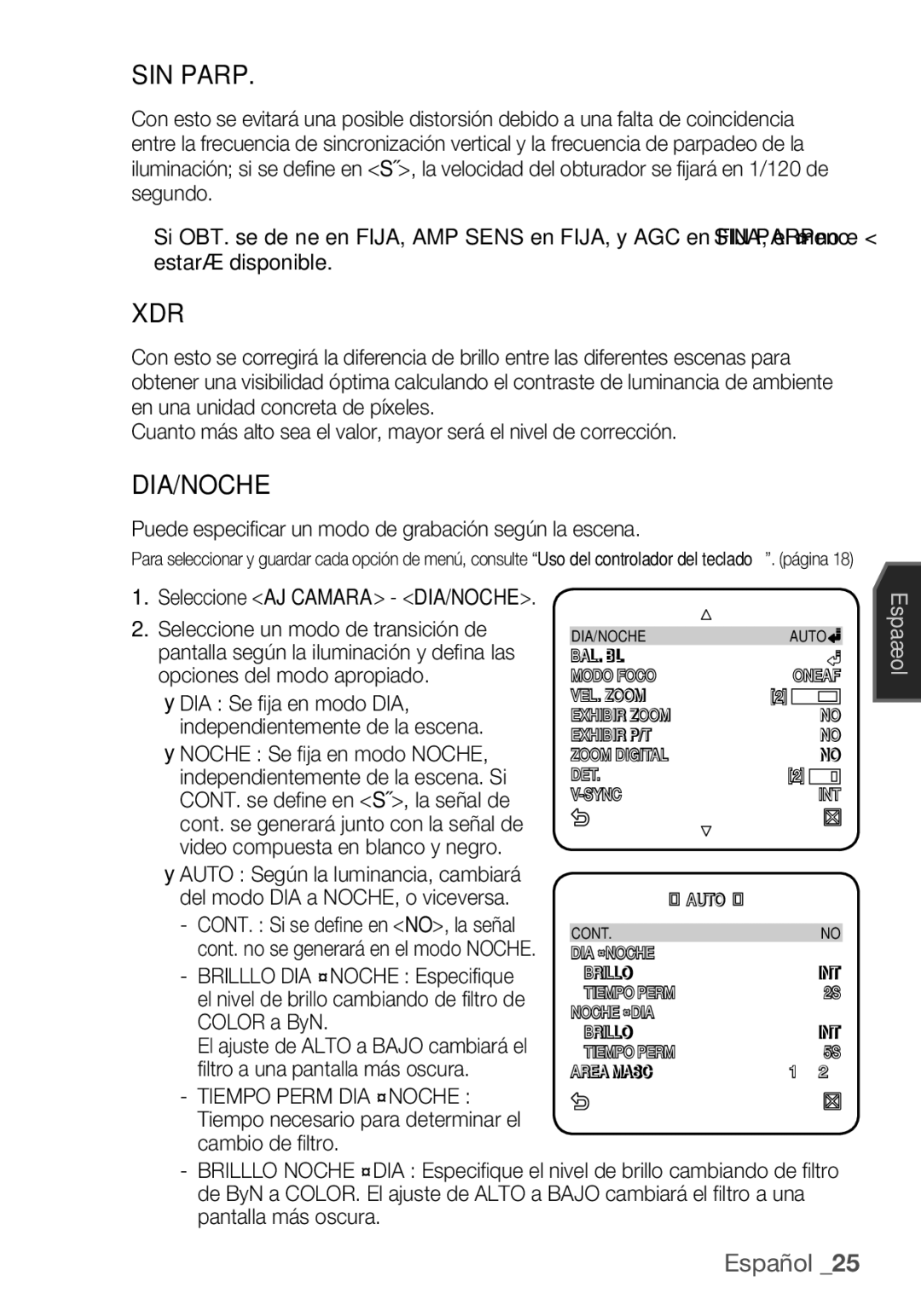 Samsung SCC-C6453P manual SIN Parp, Dia/Noche, Puede especificar un modo de grabación según la escena 