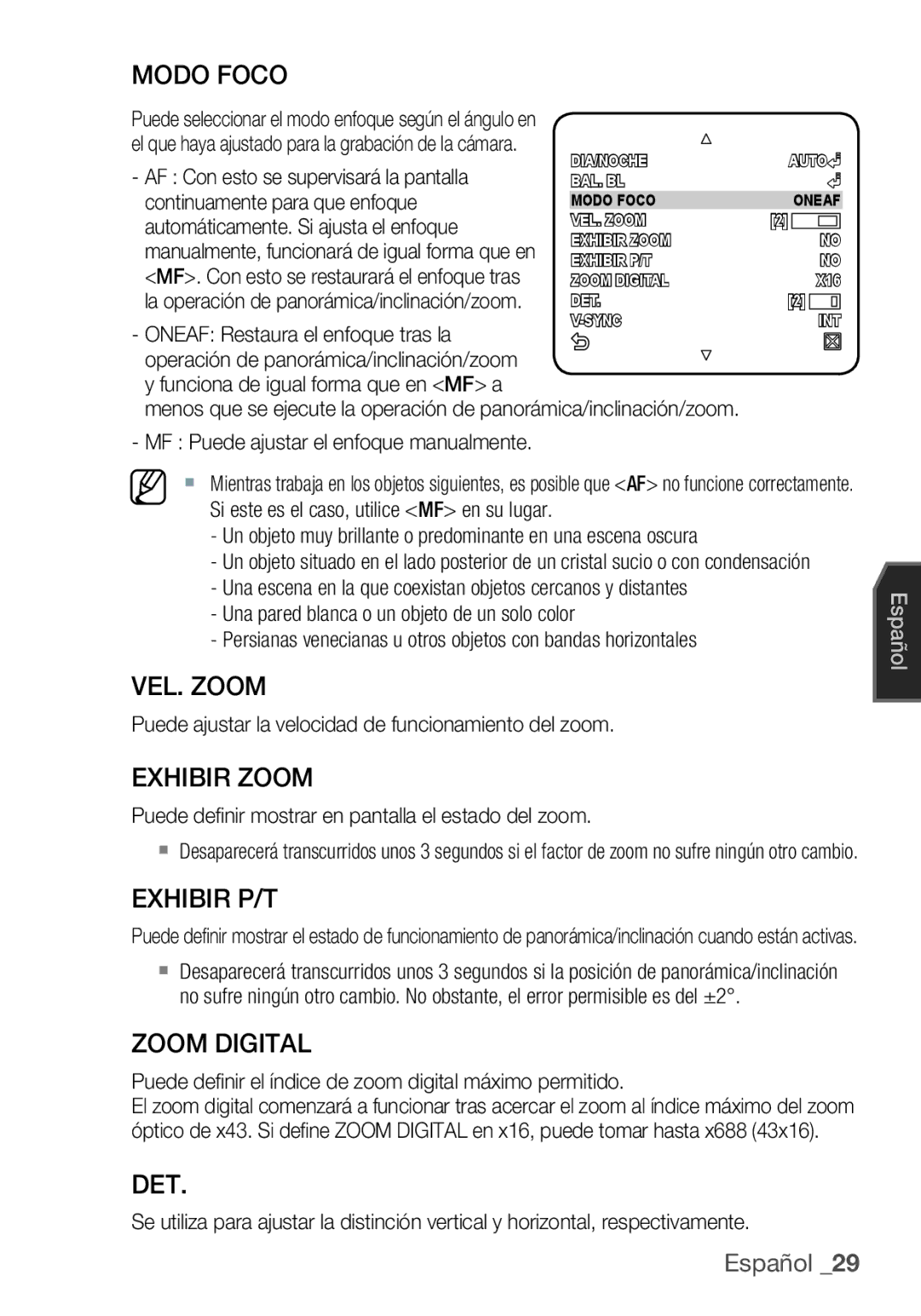 Samsung SCC-C6453P manual Modo Foco, VEL. Zoom, Exhibir Zoom, Exhibir P/T, Zoom Digital, Det 