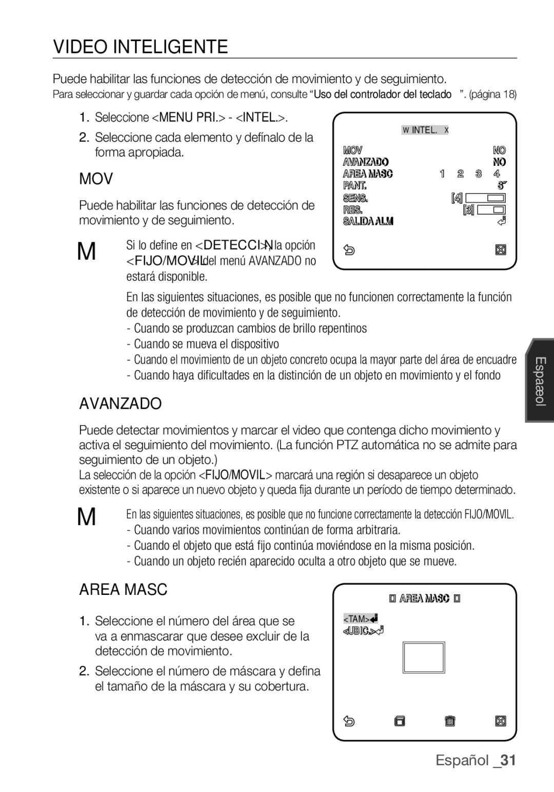 Samsung SCC-C6453P manual Video Inteligente, Avanzado, Area Masc 