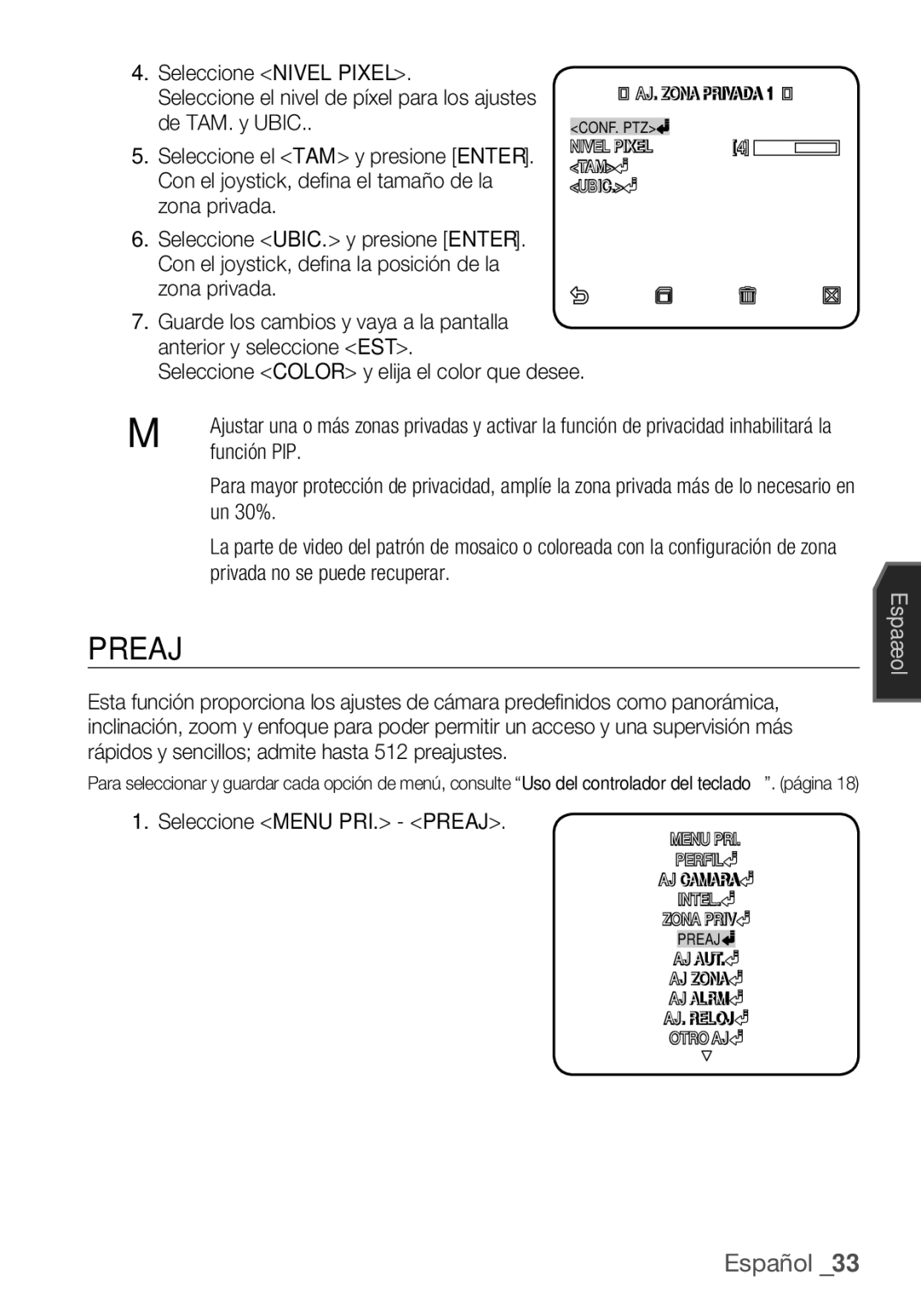 Samsung SCC-C6453P Preaj, De TAM. y Ubic, Seleccione el TAM y presione Enter, Con el joystick, deﬁ na el tamaño de la 