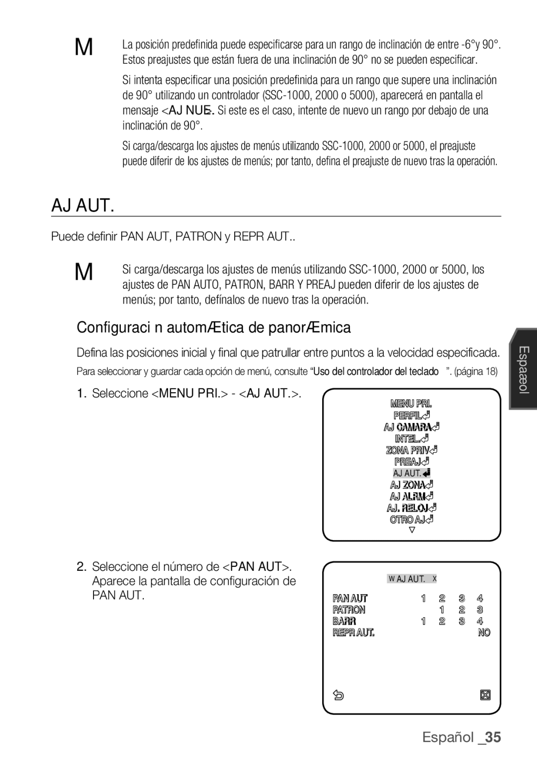 Samsung SCC-C6453P manual Aj Aut, Configuración automática de panorámica, Puede definir PAN AUT, Patron y Repr AUT, Pan Aut 