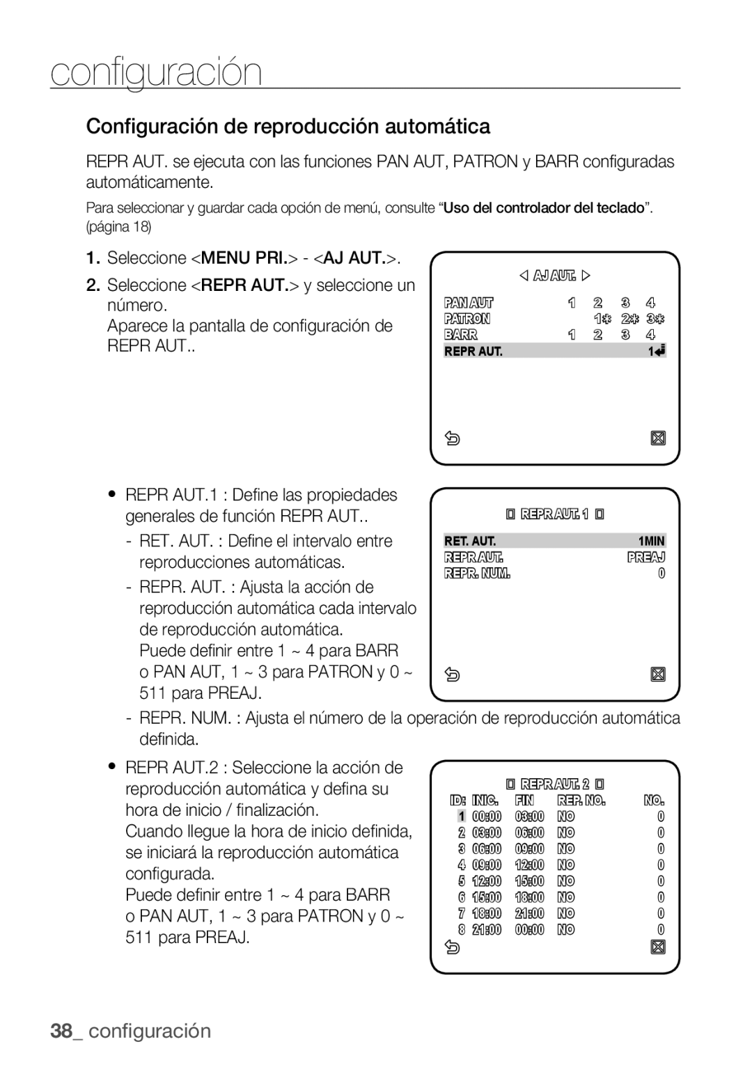 Samsung SCC-C6453P manual Configuración de reproducción automática 