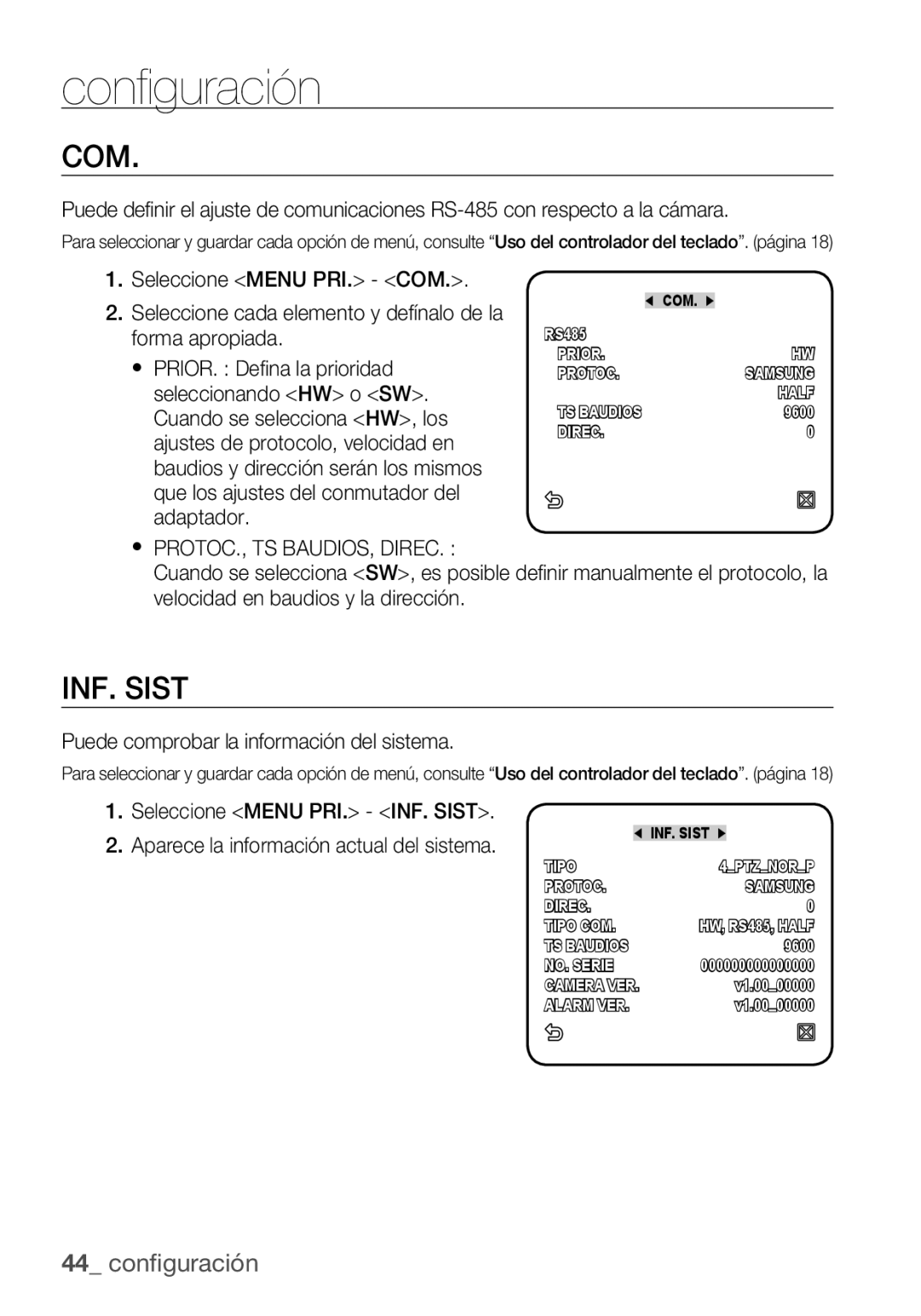 Samsung SCC-C6453P manual Com, INF. Sist, Puede comprobar la información del sistema 